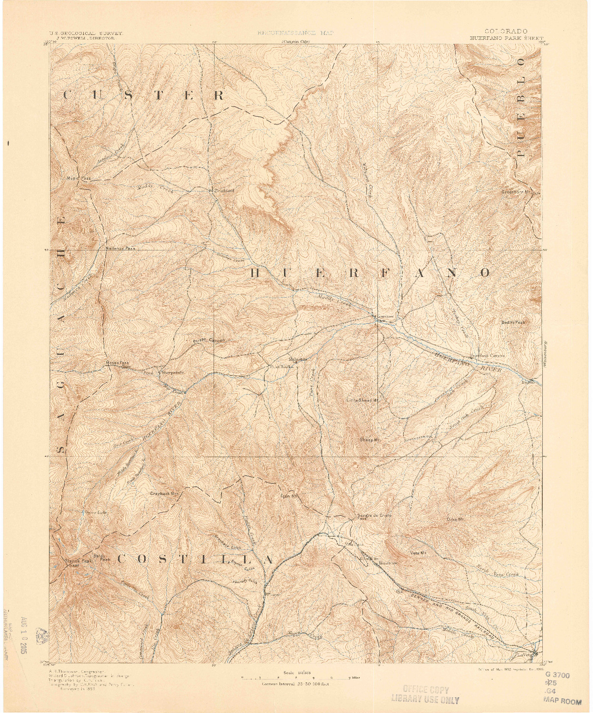 USGS 1:125000-SCALE QUADRANGLE FOR HUERFANO PARK, CO 1892