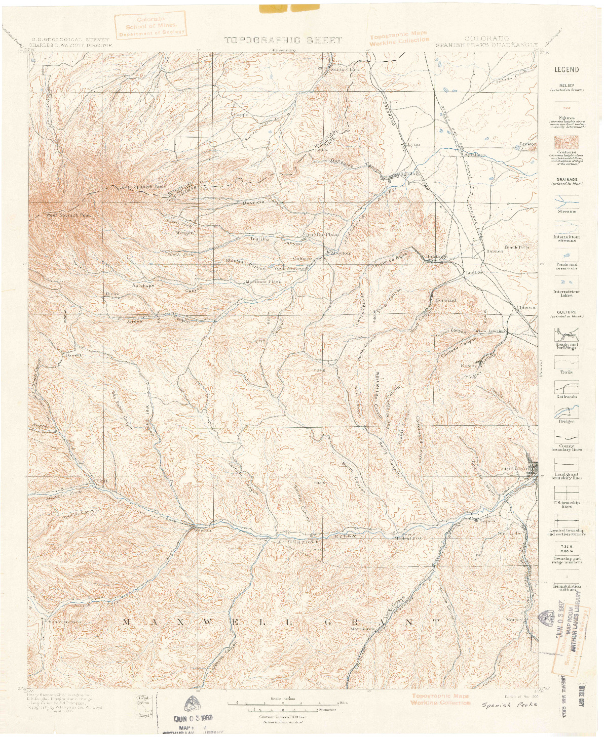 USGS 1:125000-SCALE QUADRANGLE FOR SPANISH PEAKS, CO 1900