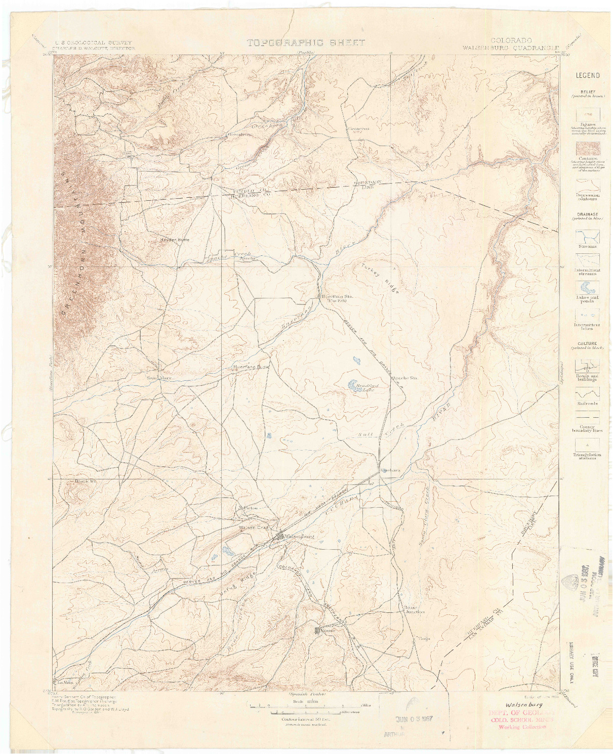 USGS 1:125000-SCALE QUADRANGLE FOR WALSENBURG, CO 1900