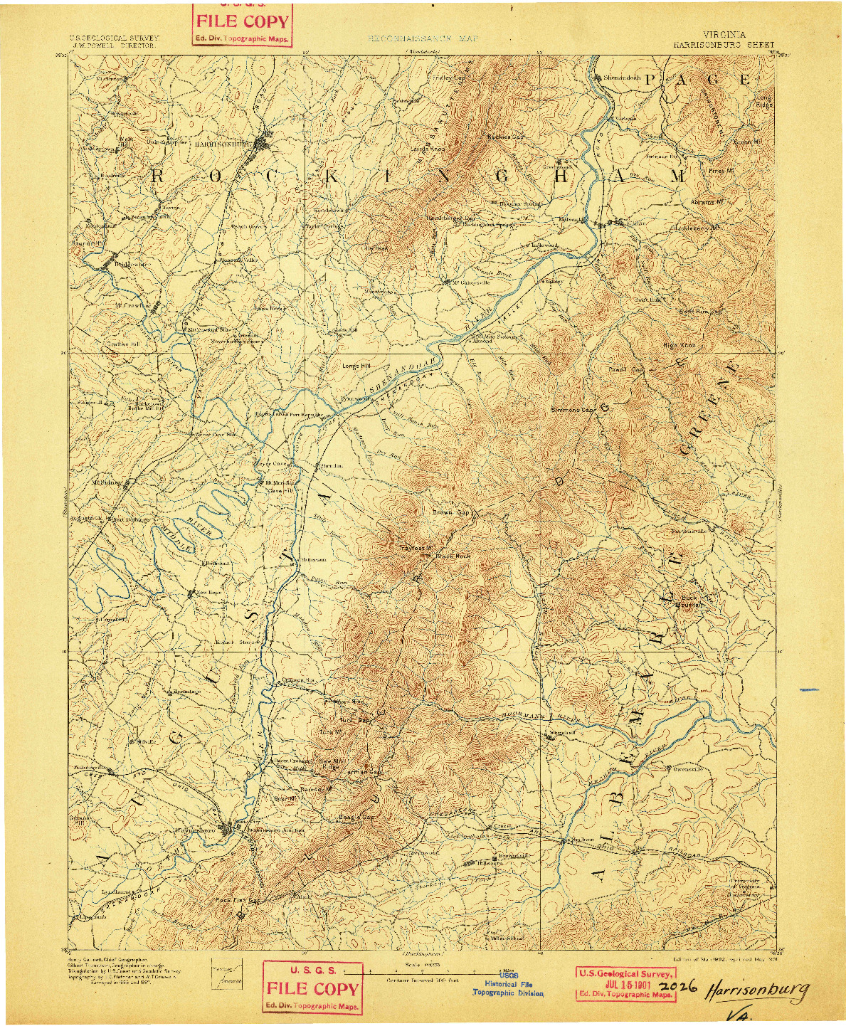 USGS 1:125000-SCALE QUADRANGLE FOR HARRISONBURG, VA 1892