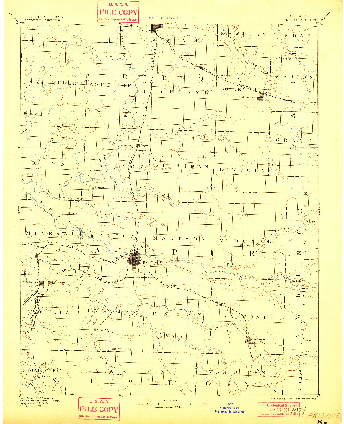 USGS 1:125000-SCALE QUADRANGLE FOR CARTHAGE, MO 1894