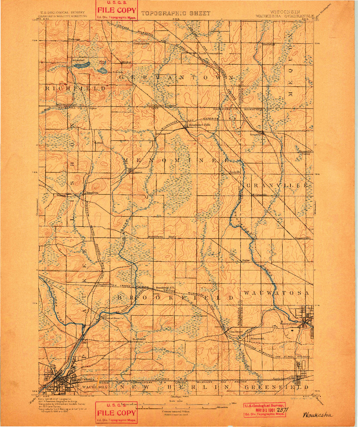 USGS 1:62500-SCALE QUADRANGLE FOR WAUKESHA, WI 1901