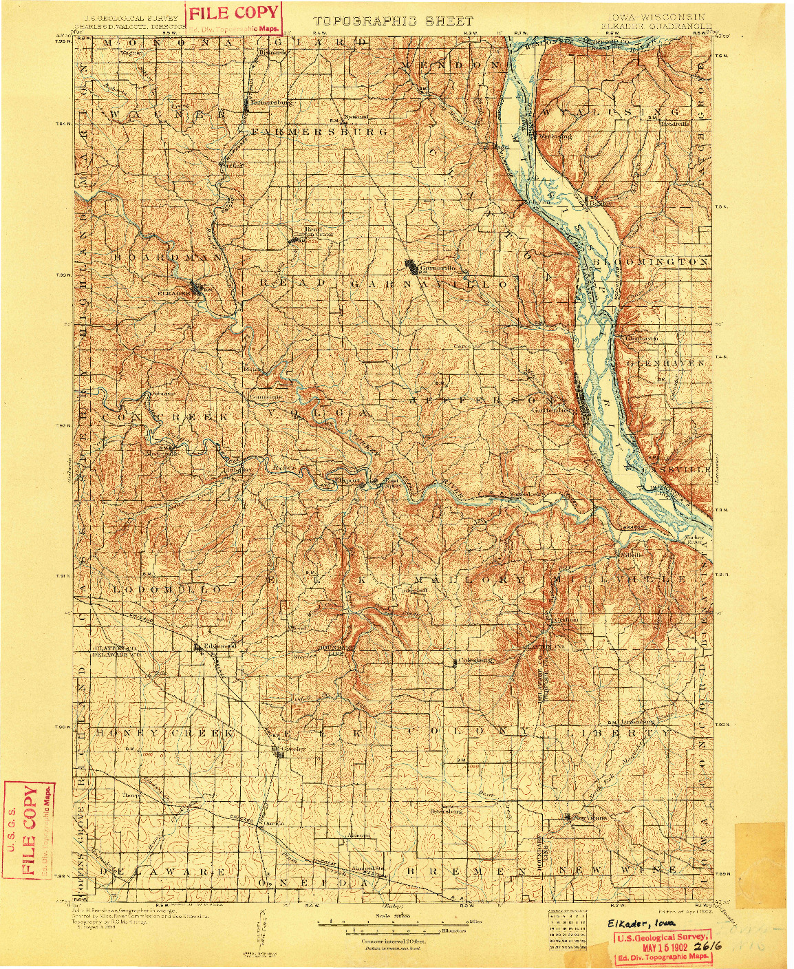 USGS 1:125000-SCALE QUADRANGLE FOR ELKADER, IA 1902