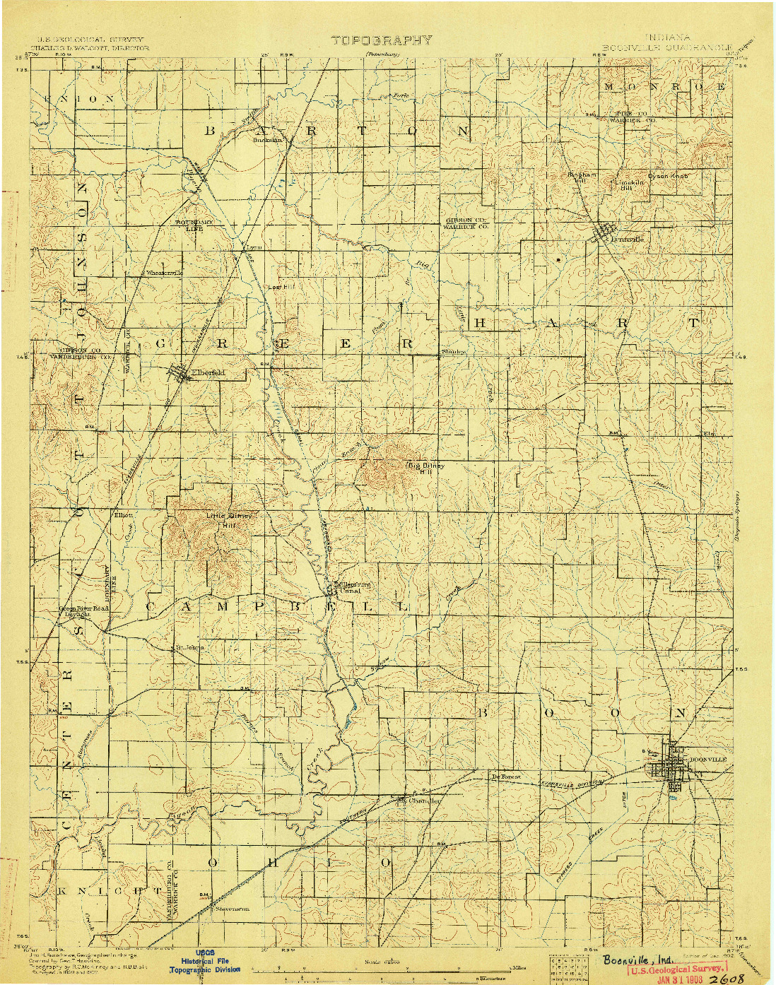 USGS 1:62500-SCALE QUADRANGLE FOR BOONVILLE, IN 1902