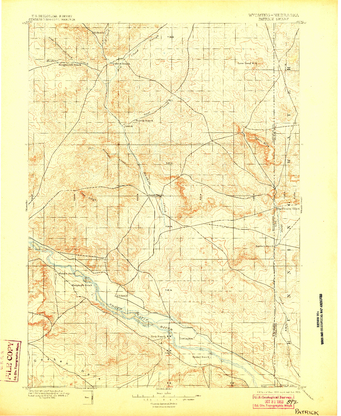 USGS 1:125000-SCALE QUADRANGLE FOR PATRICK, WY 1896