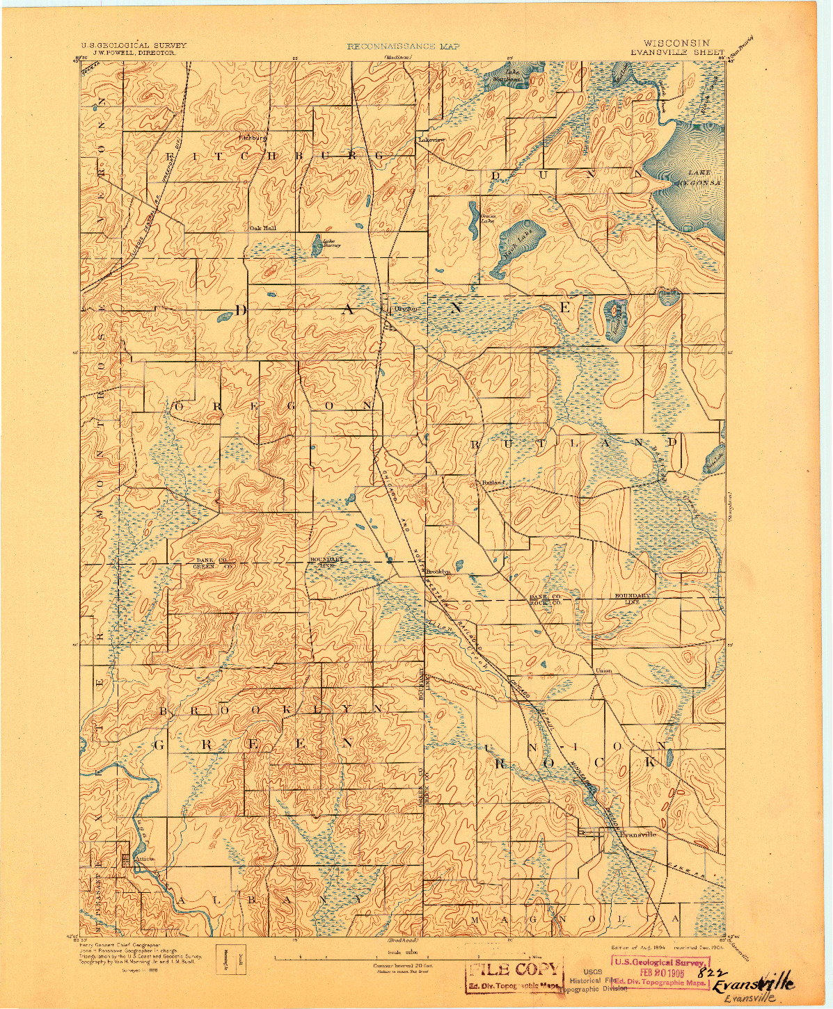 USGS 1:62500-SCALE QUADRANGLE FOR EVANSVILLE, WI 1894