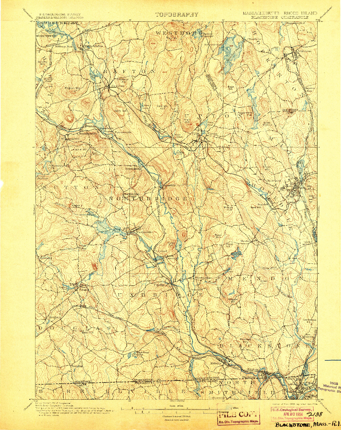 USGS 1:62500-SCALE QUADRANGLE FOR BLACKSTONE, MA 1900