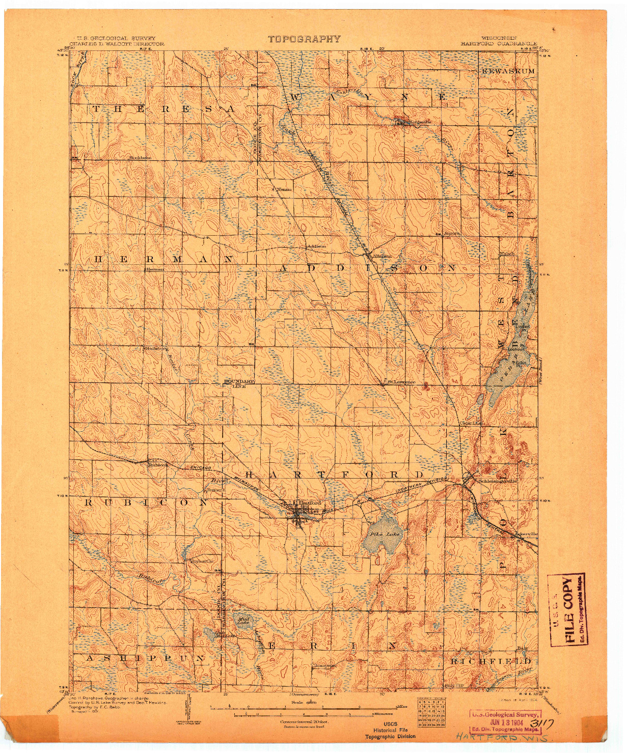 USGS 1:62500-SCALE QUADRANGLE FOR HARTFORD, WI 1904