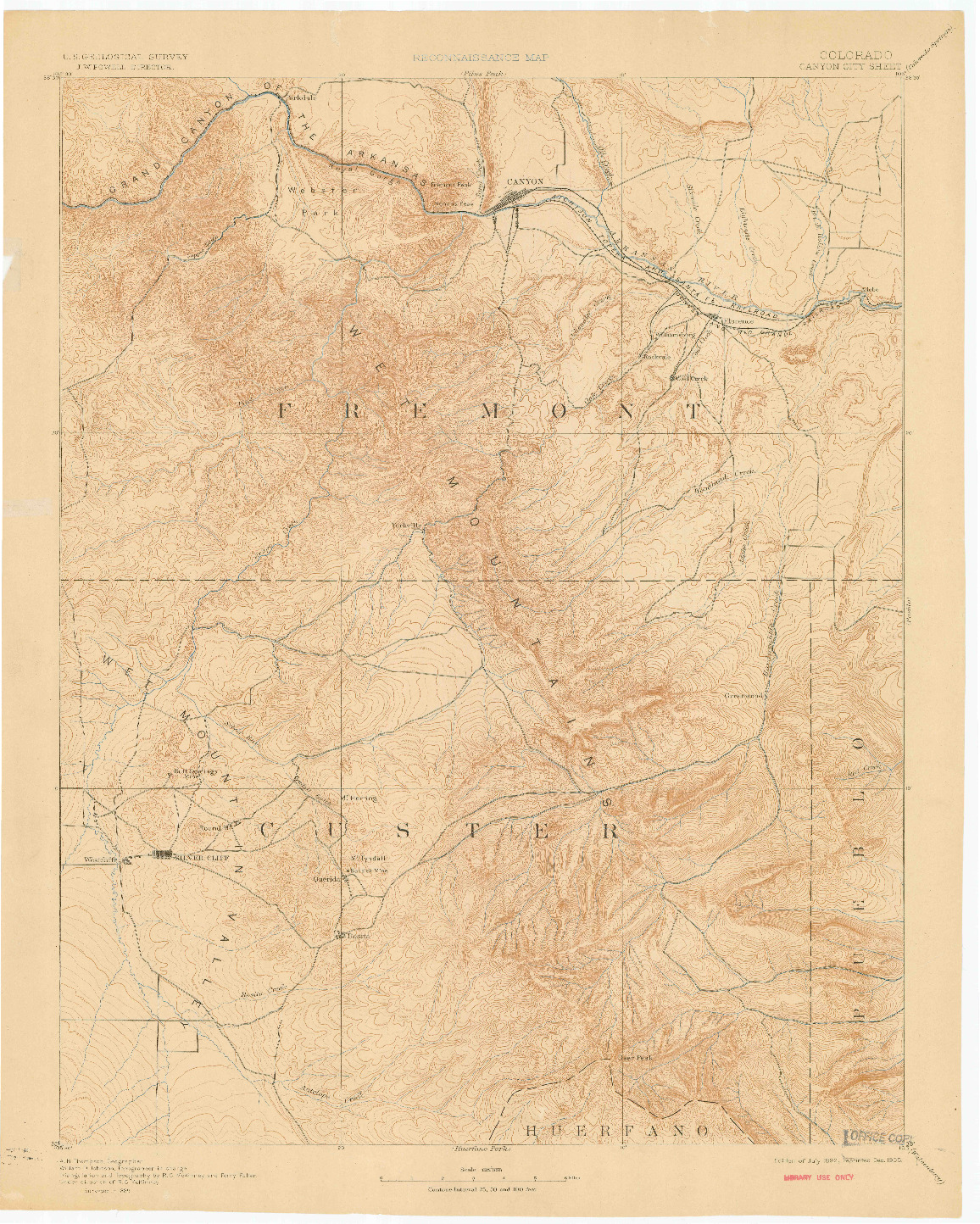 USGS 1:125000-SCALE QUADRANGLE FOR CANON CITY, CO 1892