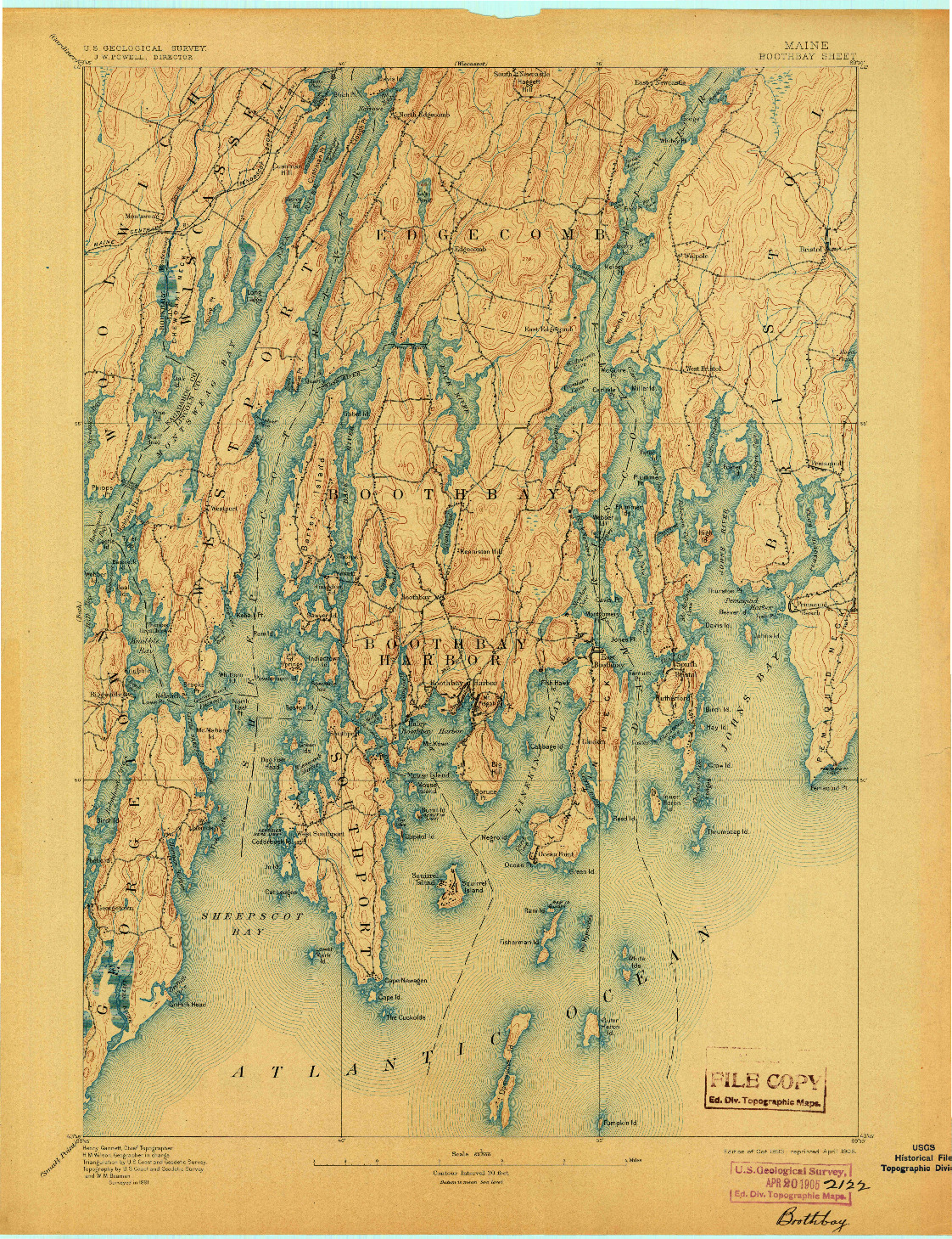 USGS 1:62500-SCALE QUADRANGLE FOR BOOTHBAY, ME 1893