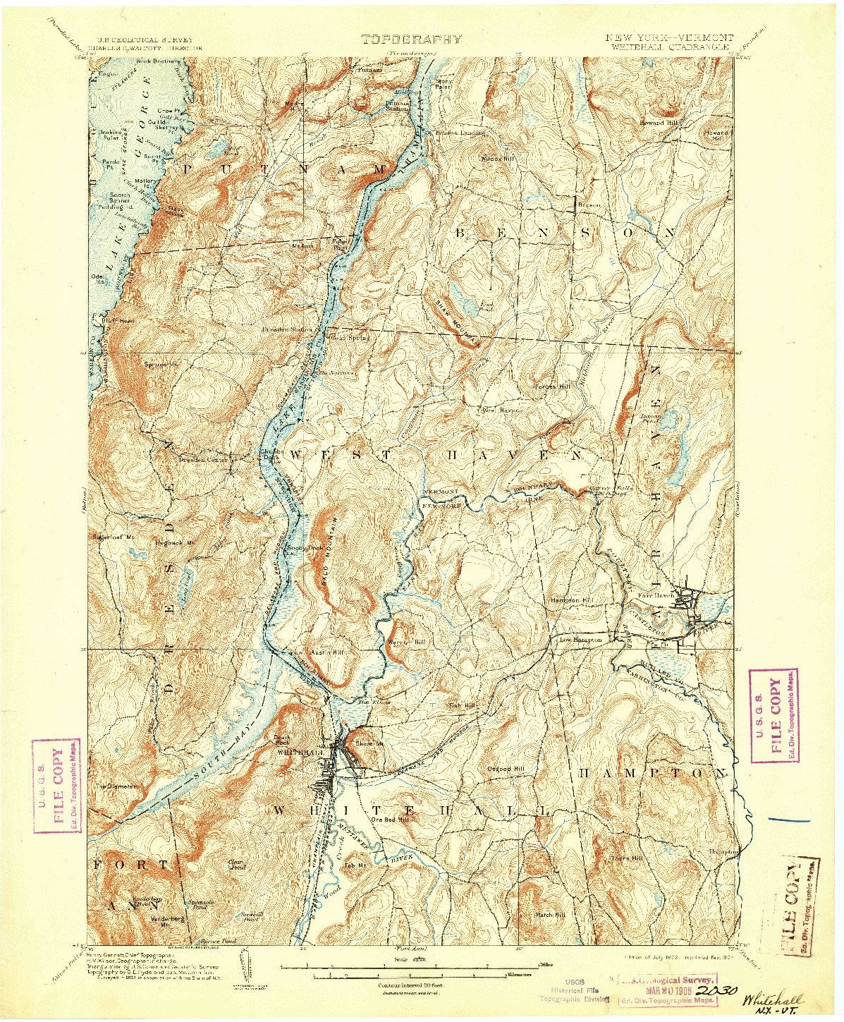 USGS 1:62500-SCALE QUADRANGLE FOR WHITEHALL, NY 1902