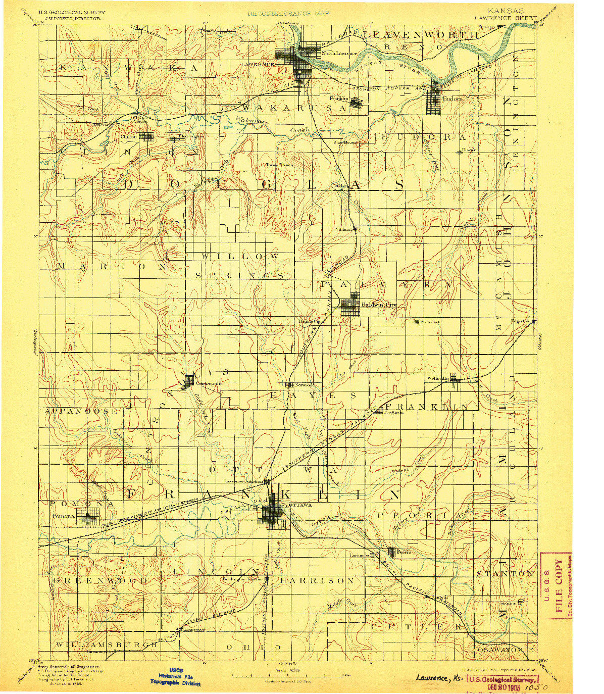 USGS 1:125000-SCALE QUADRANGLE FOR LAWRENCE, KS 1889