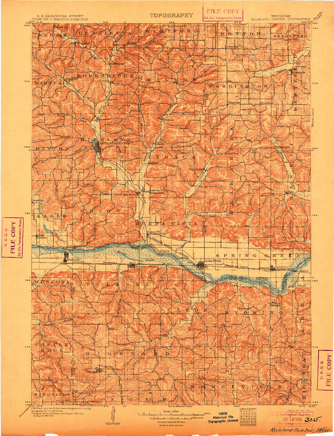 USGS 1:125000-SCALE QUADRANGLE FOR RICHLAND CENTER, WI 1905