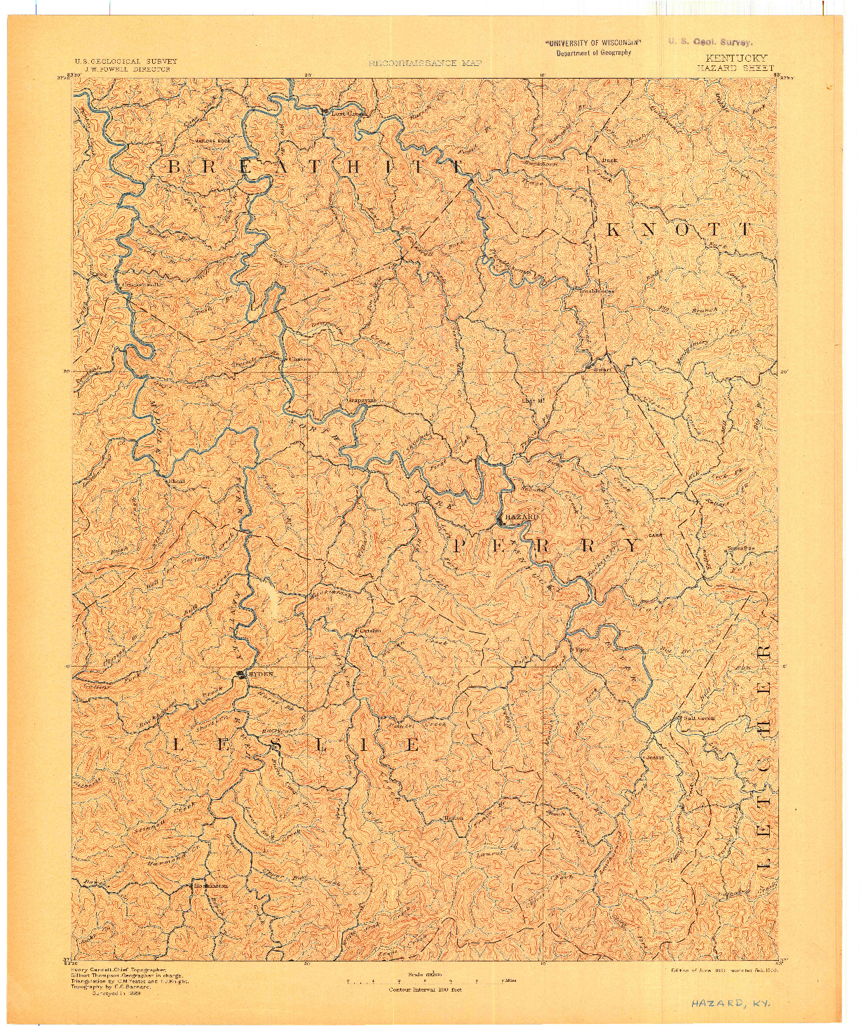 USGS 1:125000-SCALE QUADRANGLE FOR HAZARD, KY 1891