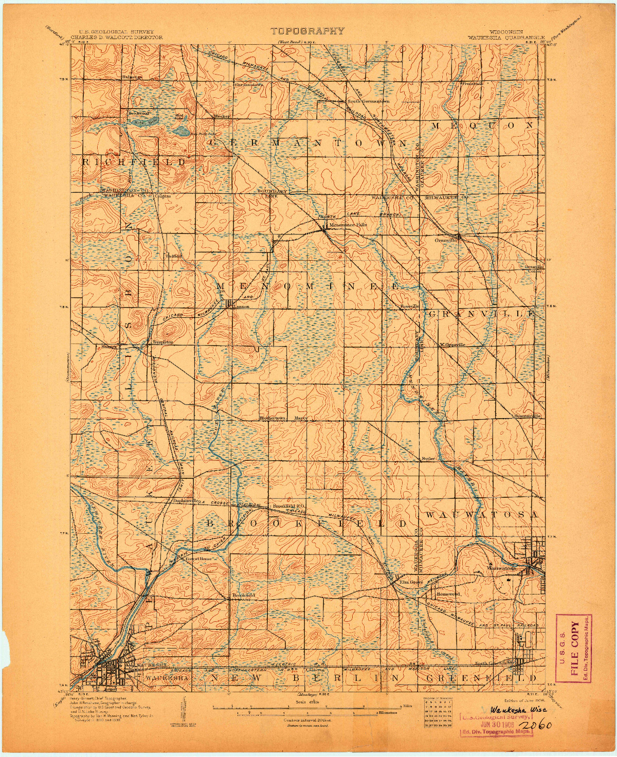USGS 1:62500-SCALE QUADRANGLE FOR WAUKESHA, WI 1906