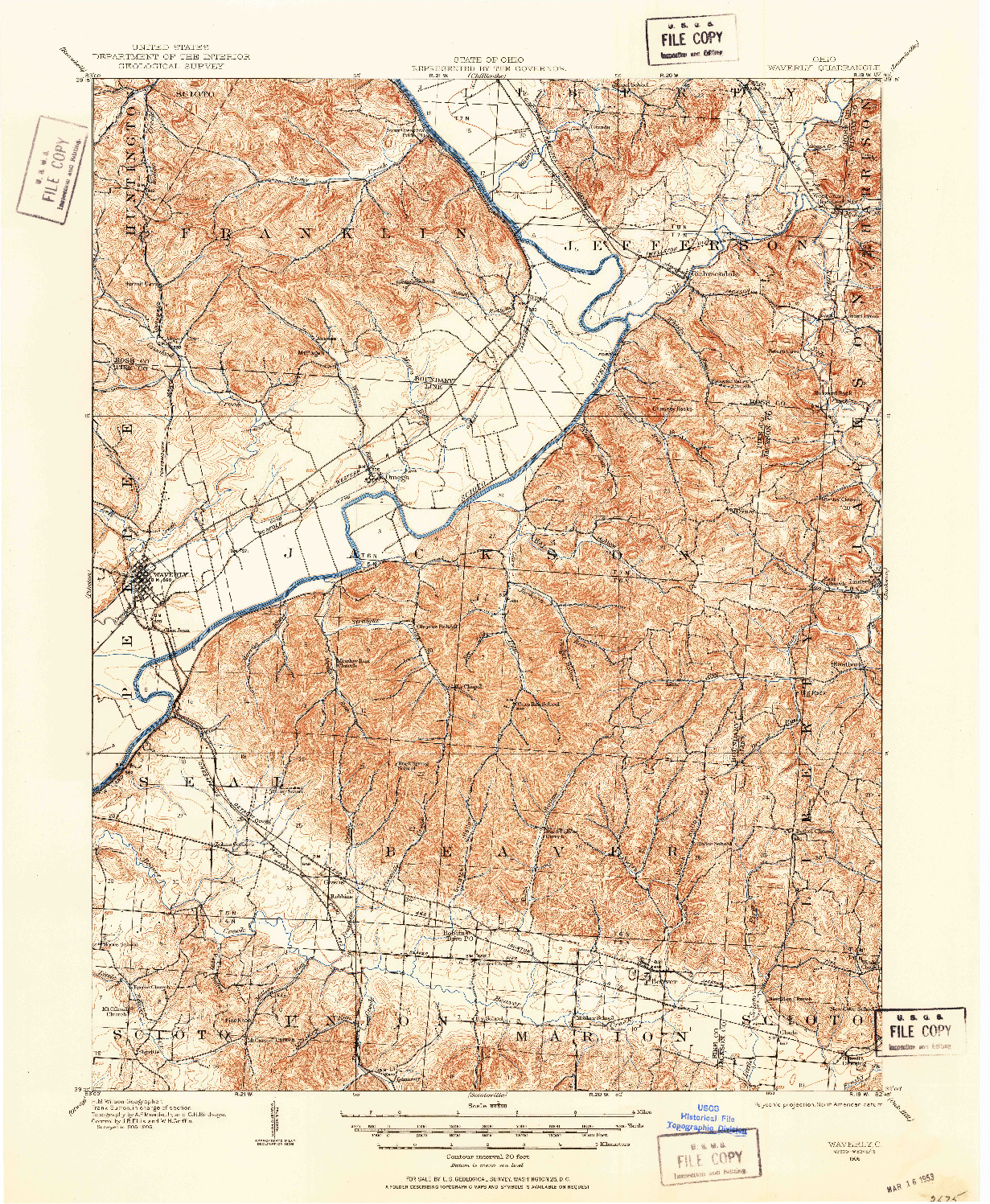 USGS 1:62500-SCALE QUADRANGLE FOR WAVERLY, OH 1906