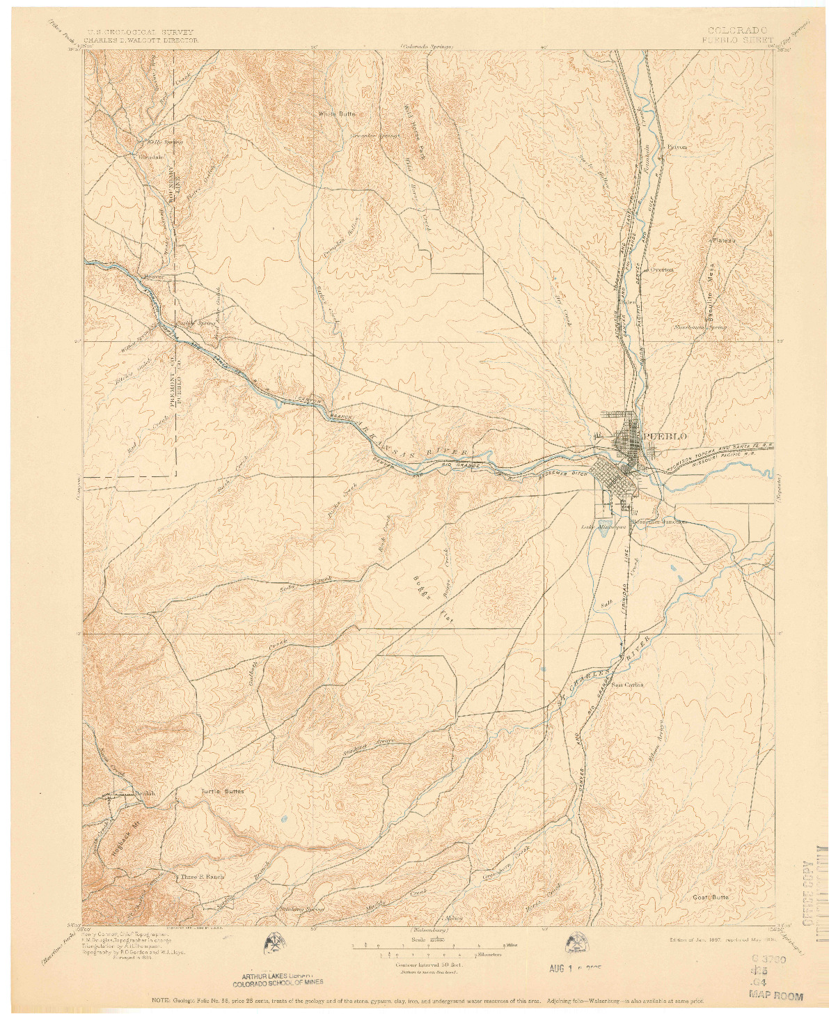 USGS 1:125000-SCALE QUADRANGLE FOR PUEBLO, CO 1897