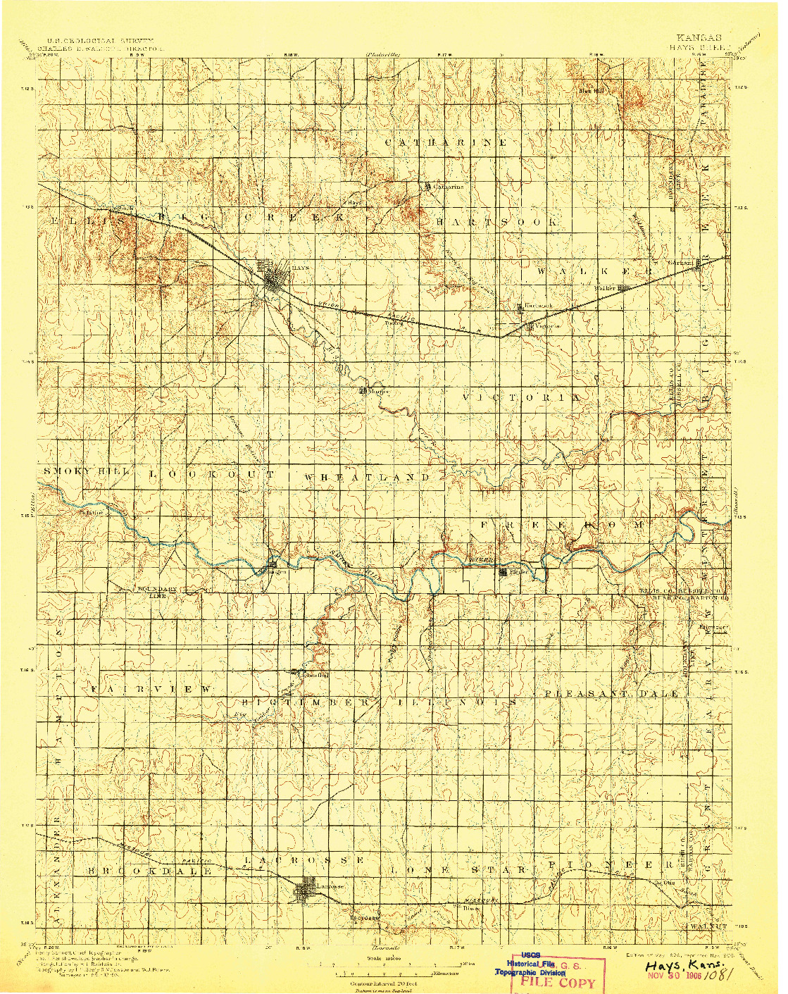 USGS 1:125000-SCALE QUADRANGLE FOR HAYS, KS 1896