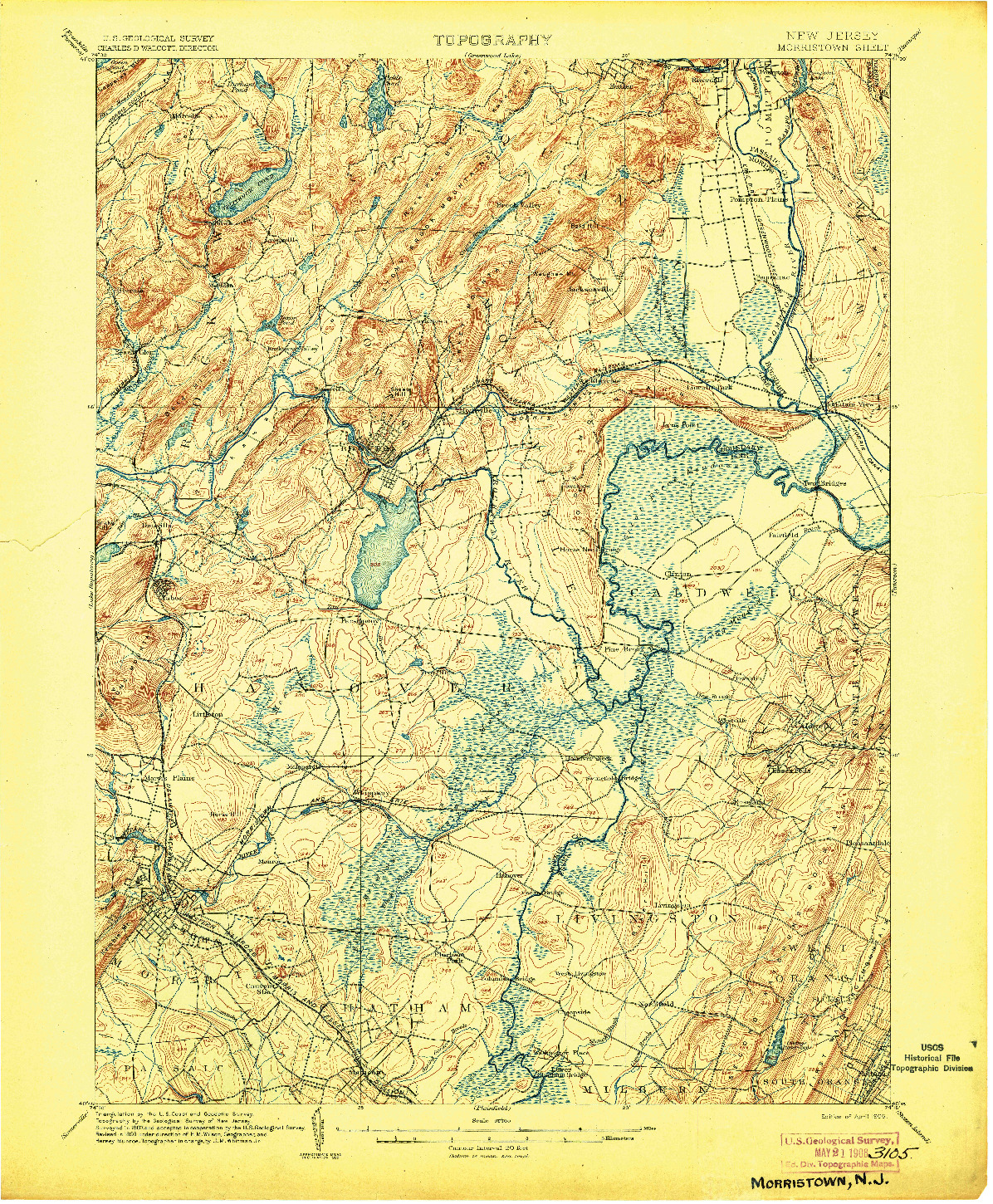 USGS 1:62500-SCALE QUADRANGLE FOR MORRISTOWN, NJ 1906