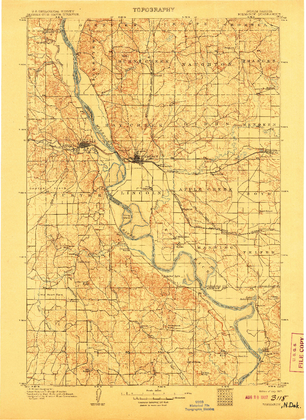 USGS 1:125000-SCALE QUADRANGLE FOR BISMARCK, ND 1907