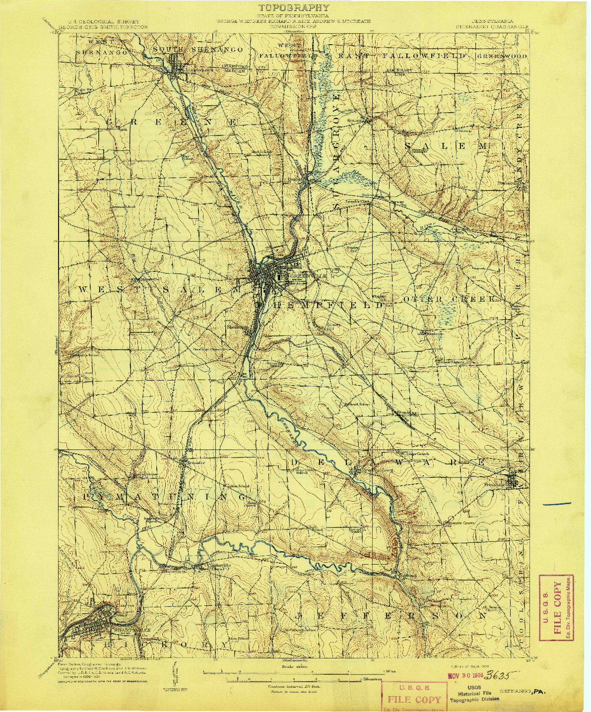 USGS 1:62500-SCALE QUADRANGLE FOR SHENANGO, PA 1908