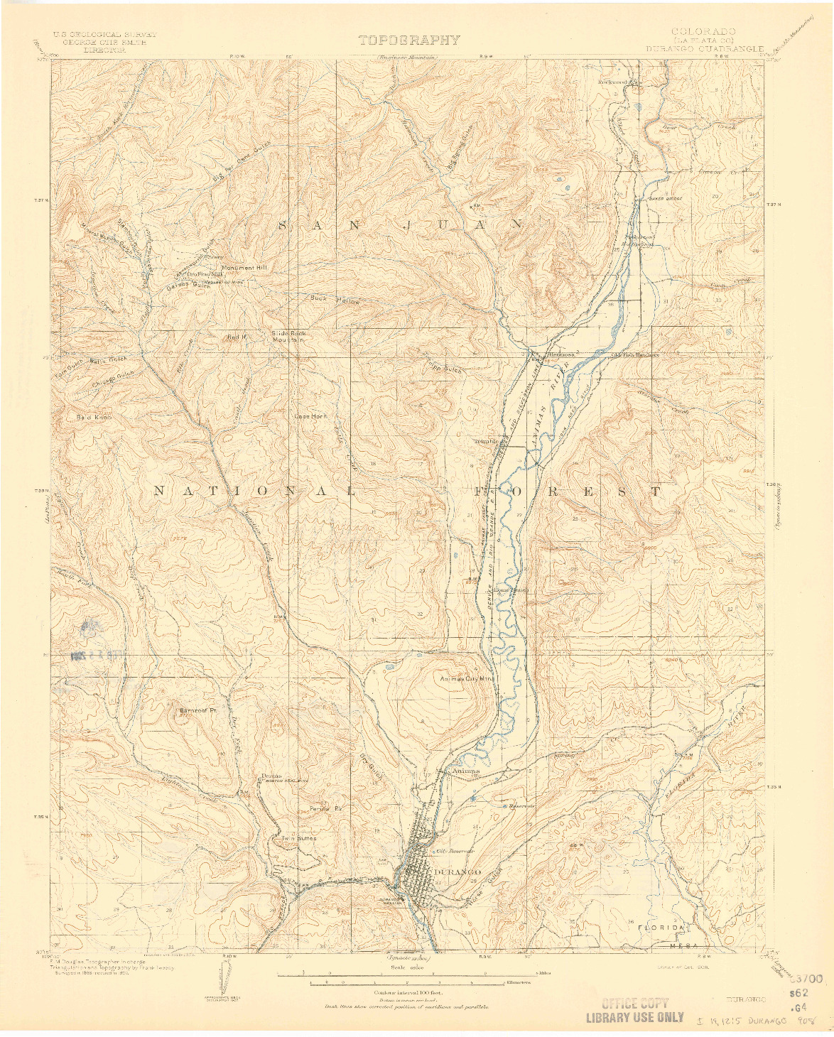 USGS 1:62500-SCALE QUADRANGLE FOR DURANGO, CO 1908