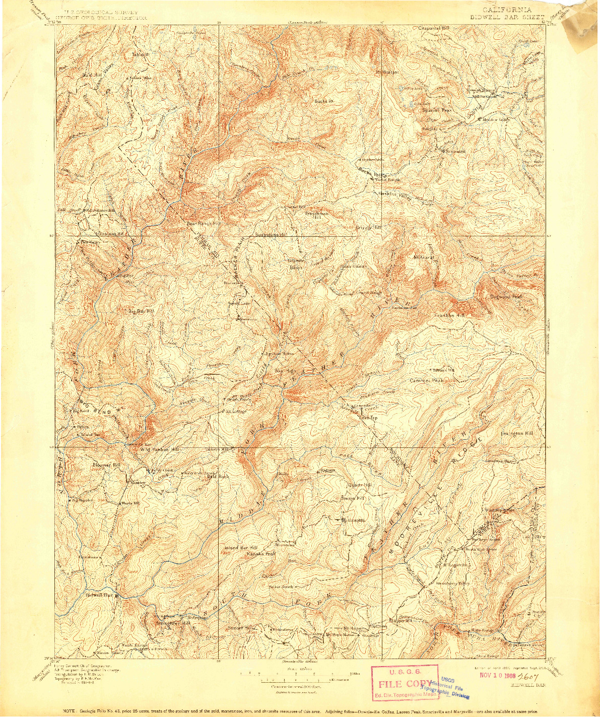 USGS 1:125000-SCALE QUADRANGLE FOR BIDWELL BAR, CA 1897