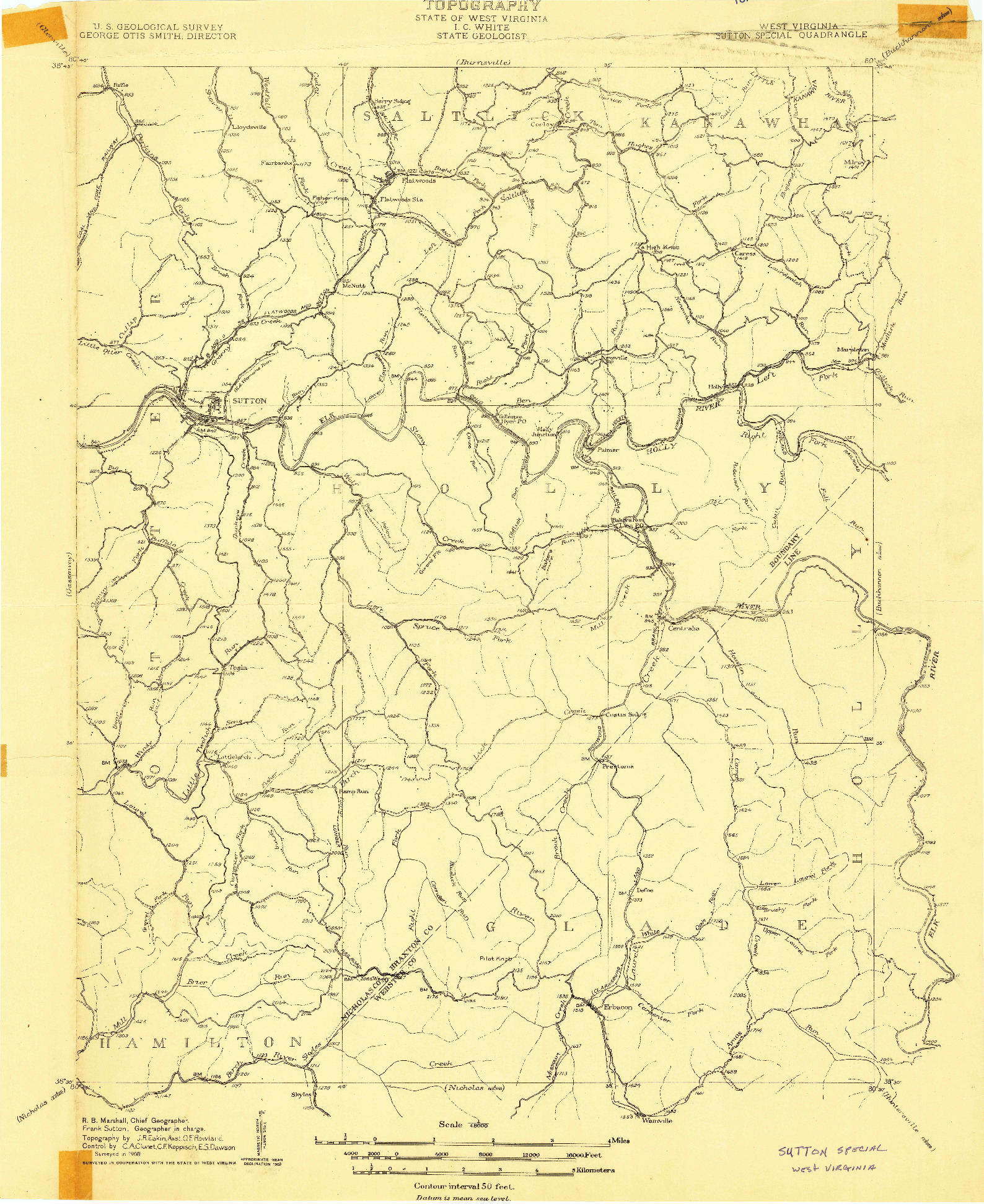 USGS 1:48000-SCALE QUADRANGLE FOR SUTTON, WV 1908
