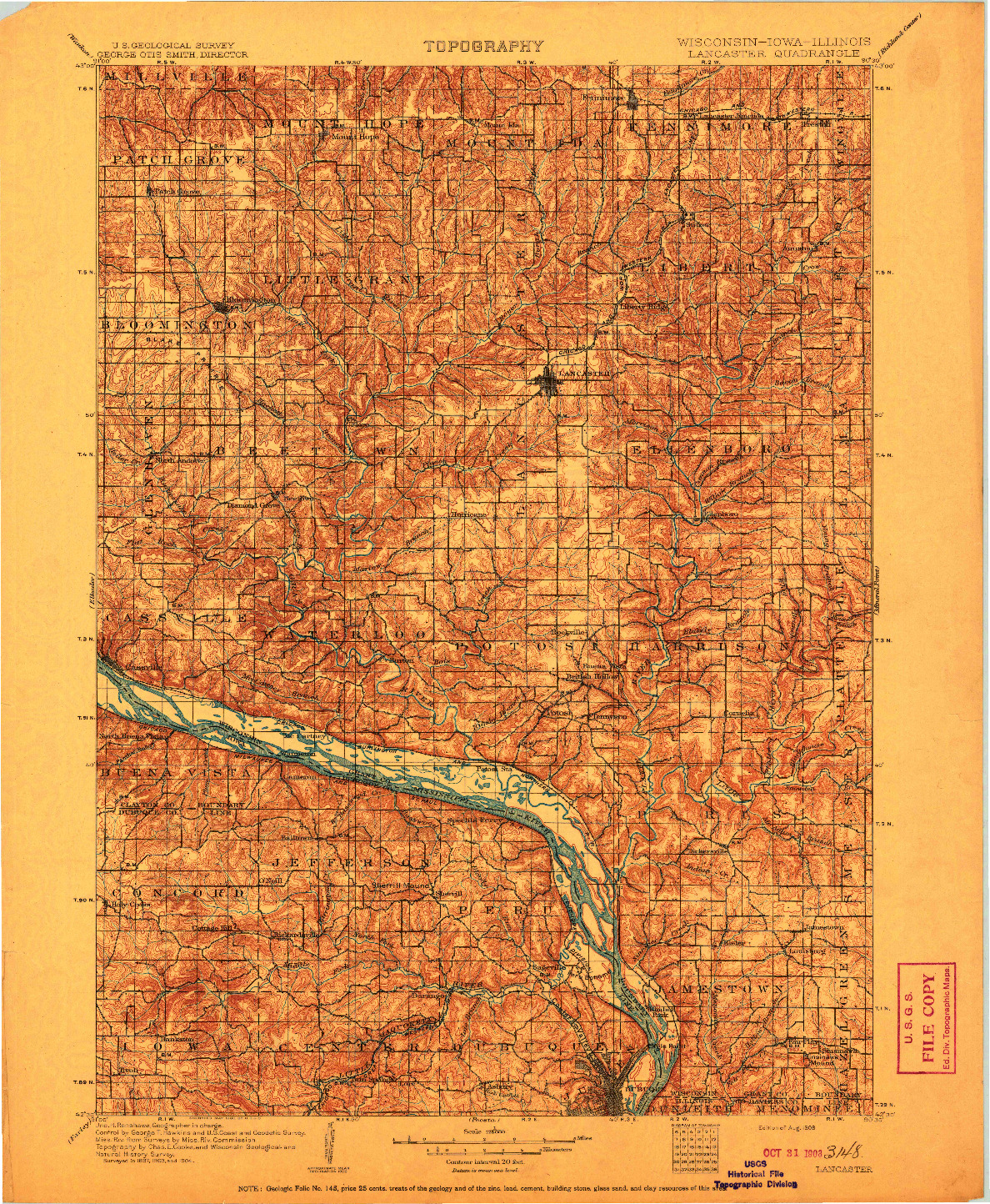 USGS 1:125000-SCALE QUADRANGLE FOR LANCASTER, WI 1908