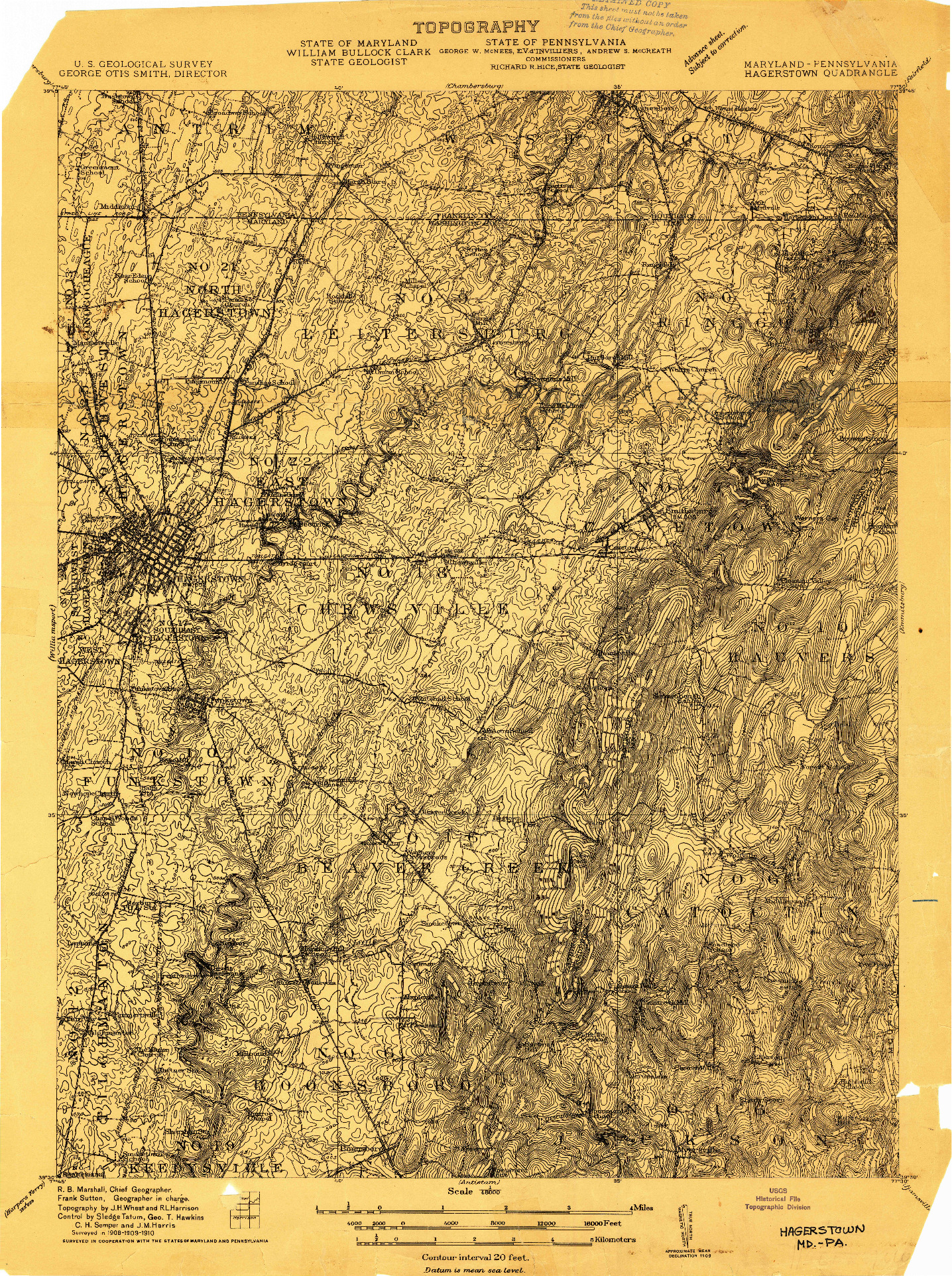 USGS 1:48000-SCALE QUADRANGLE FOR HAGERSTOWN, MD 1909