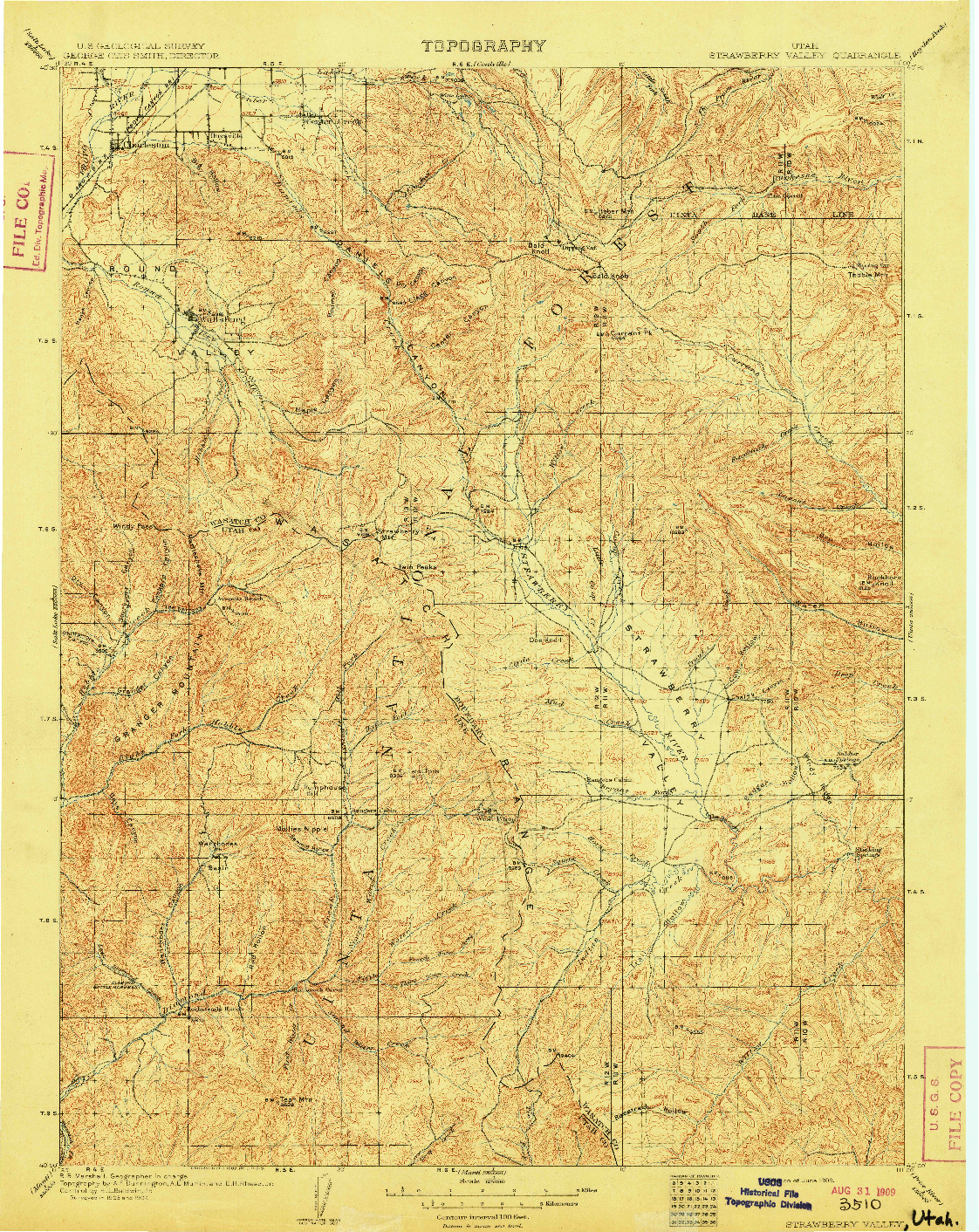 USGS 1:125000-SCALE QUADRANGLE FOR STRAWBERRY VALLEY, UT 1909