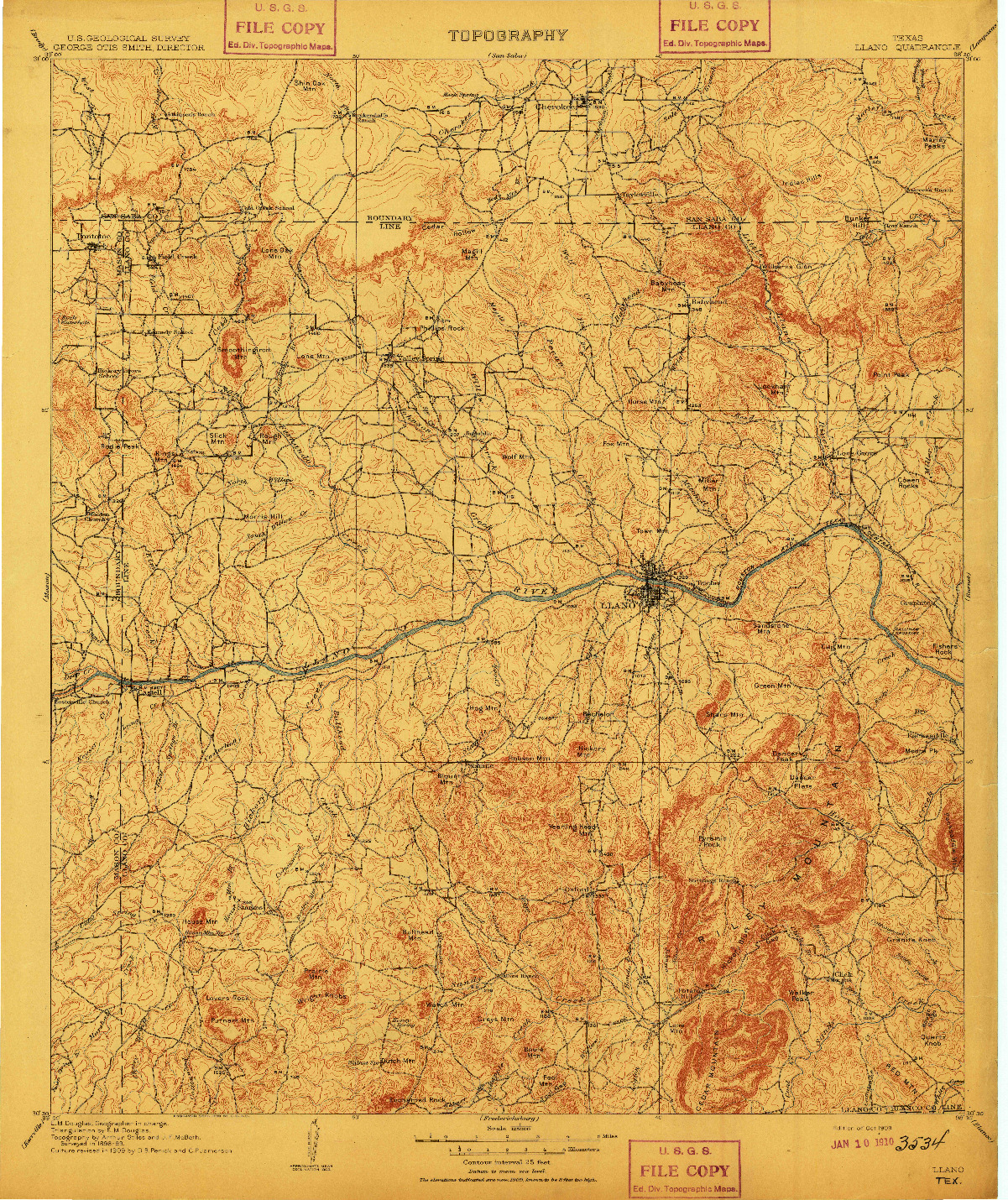 USGS 1:125000-SCALE QUADRANGLE FOR LLANO, TX 1909