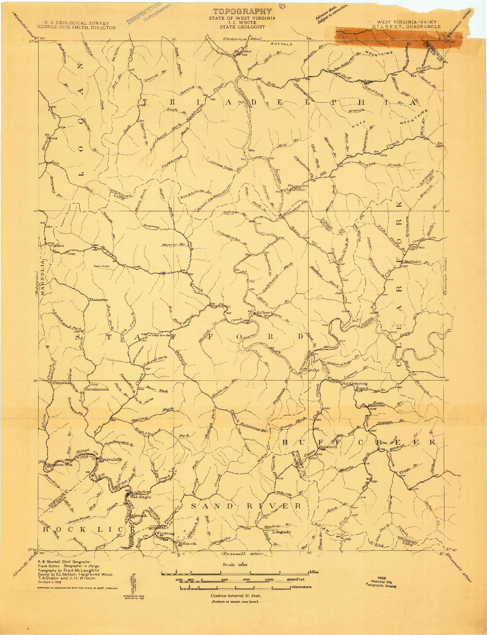 USGS 1:48000-SCALE QUADRANGLE FOR GILBERT, WV 1909
