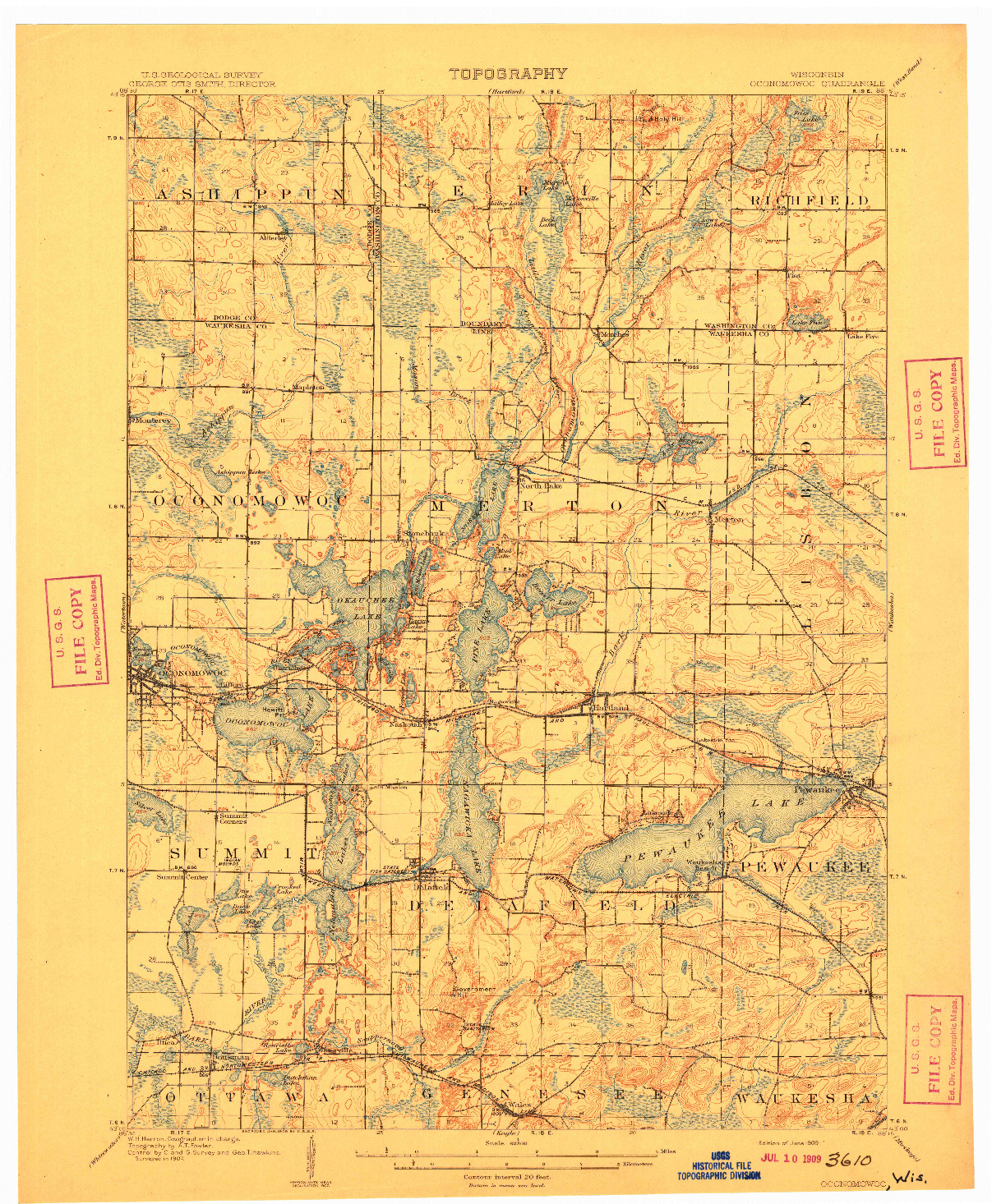 USGS 1:62500-SCALE QUADRANGLE FOR OCONOMOWOC, WI 1909