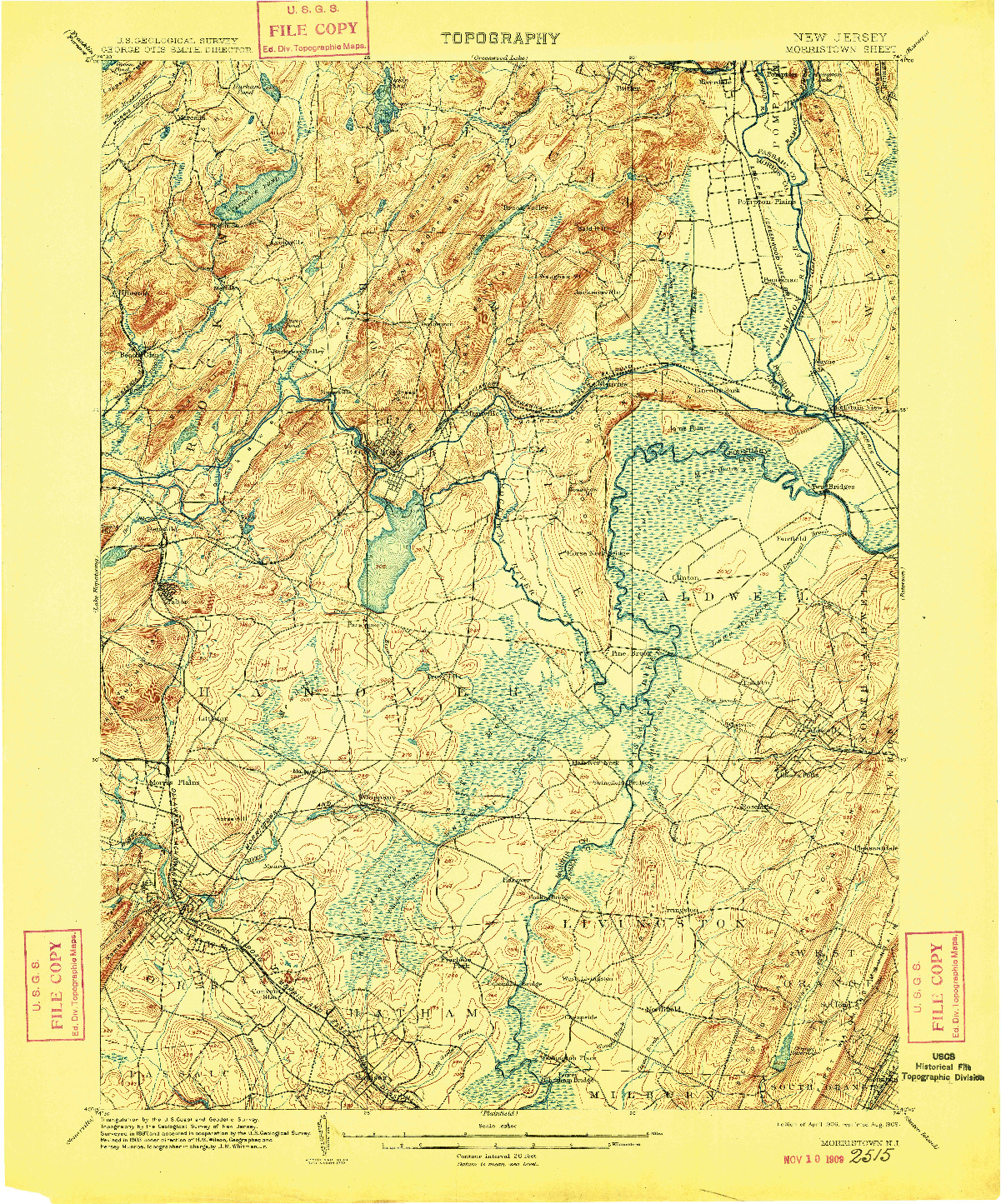 USGS 1:62500-SCALE QUADRANGLE FOR MORRISTOWN, NJ 1906