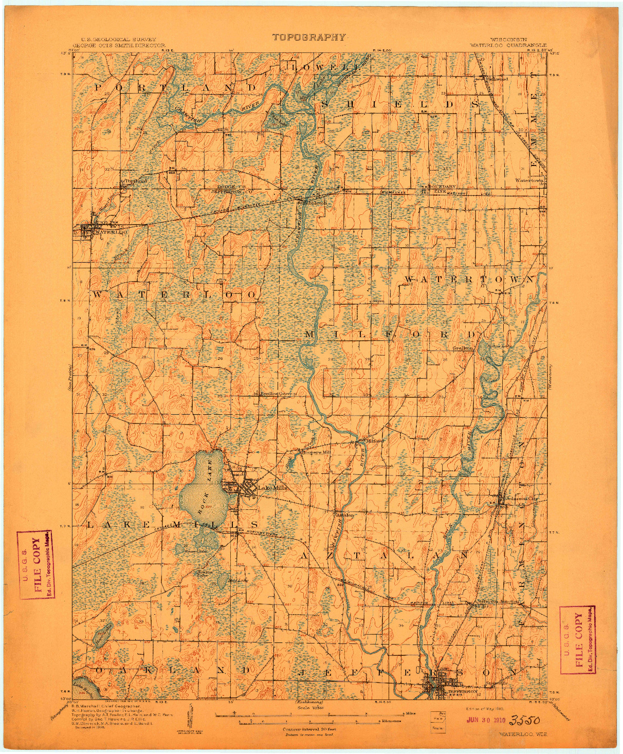 USGS 1:62500-SCALE QUADRANGLE FOR WATERLOO, WI 1910