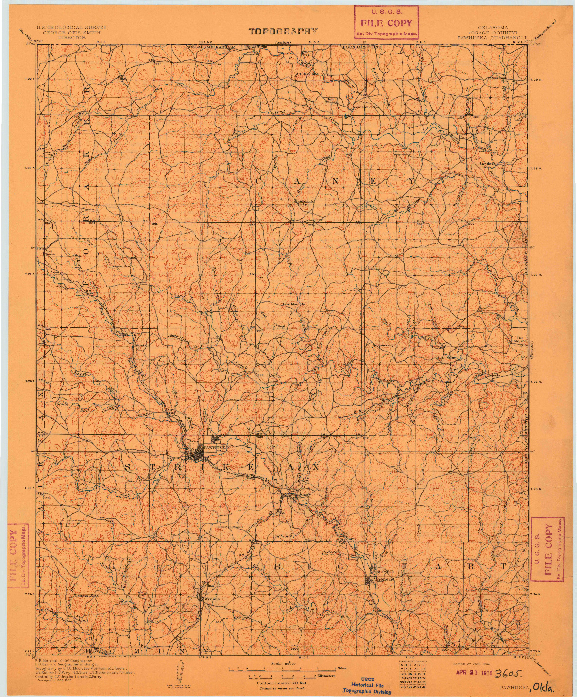 USGS 1:125000-SCALE QUADRANGLE FOR PAWHUSKA, OK 1910