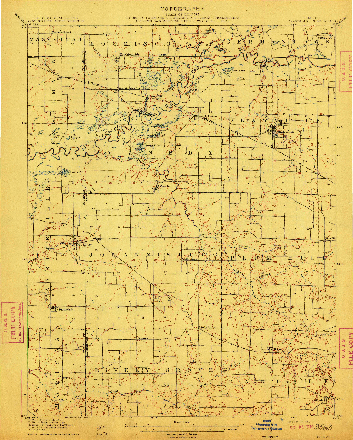 USGS 1:62500-SCALE QUADRANGLE FOR OKAWVILLE, IL 1910