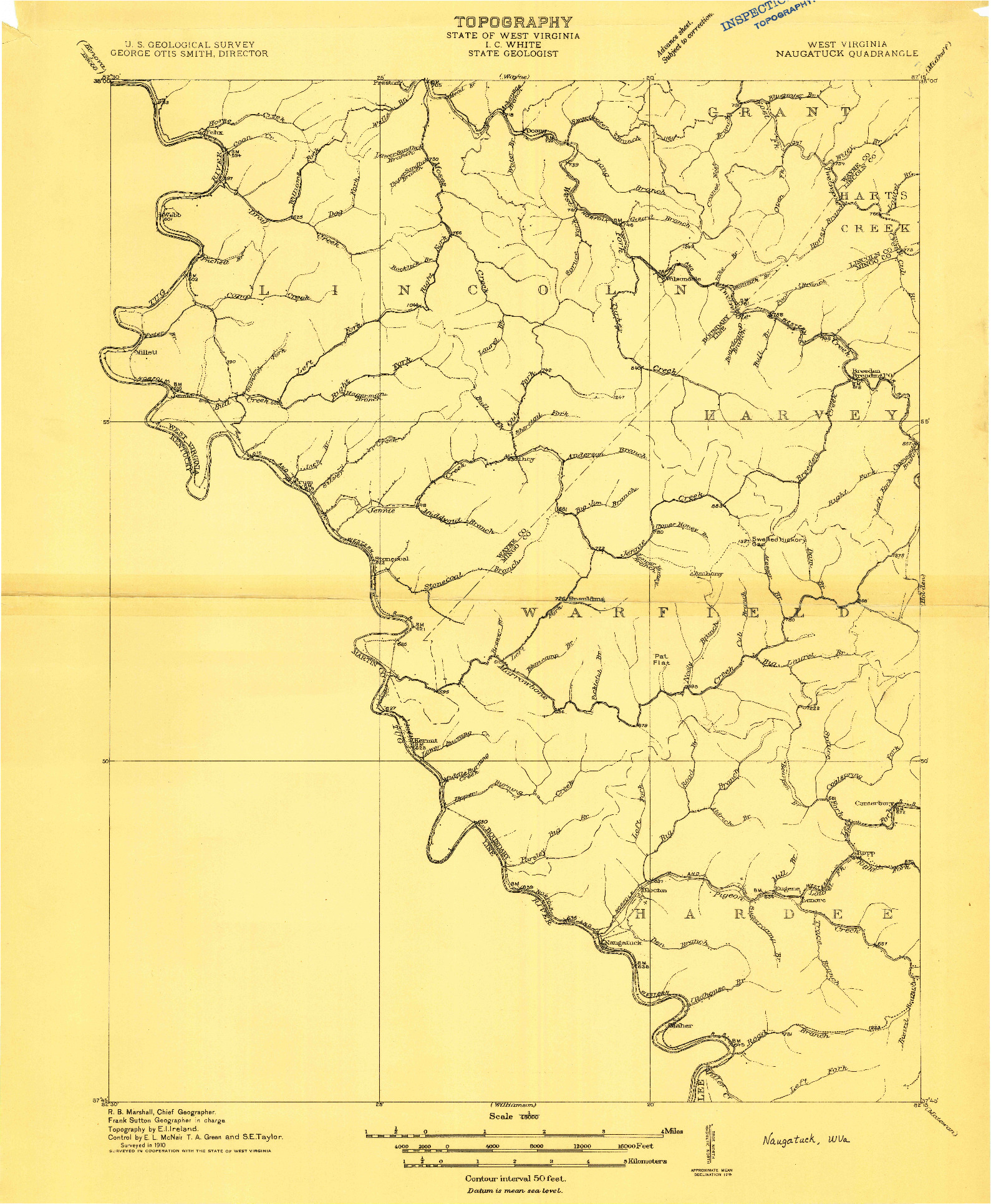 USGS 1:48000-SCALE QUADRANGLE FOR NAUGATUCK, WV 1910