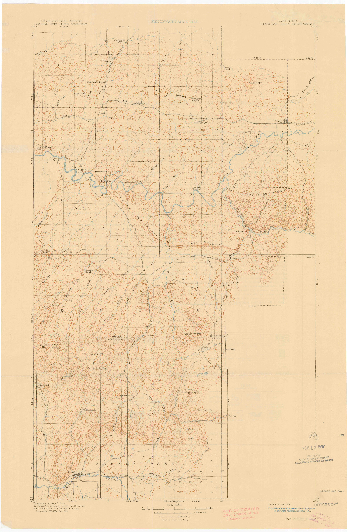 USGS 1:125000-SCALE QUADRANGLE FOR DANFORTH HILLS, CO 1910