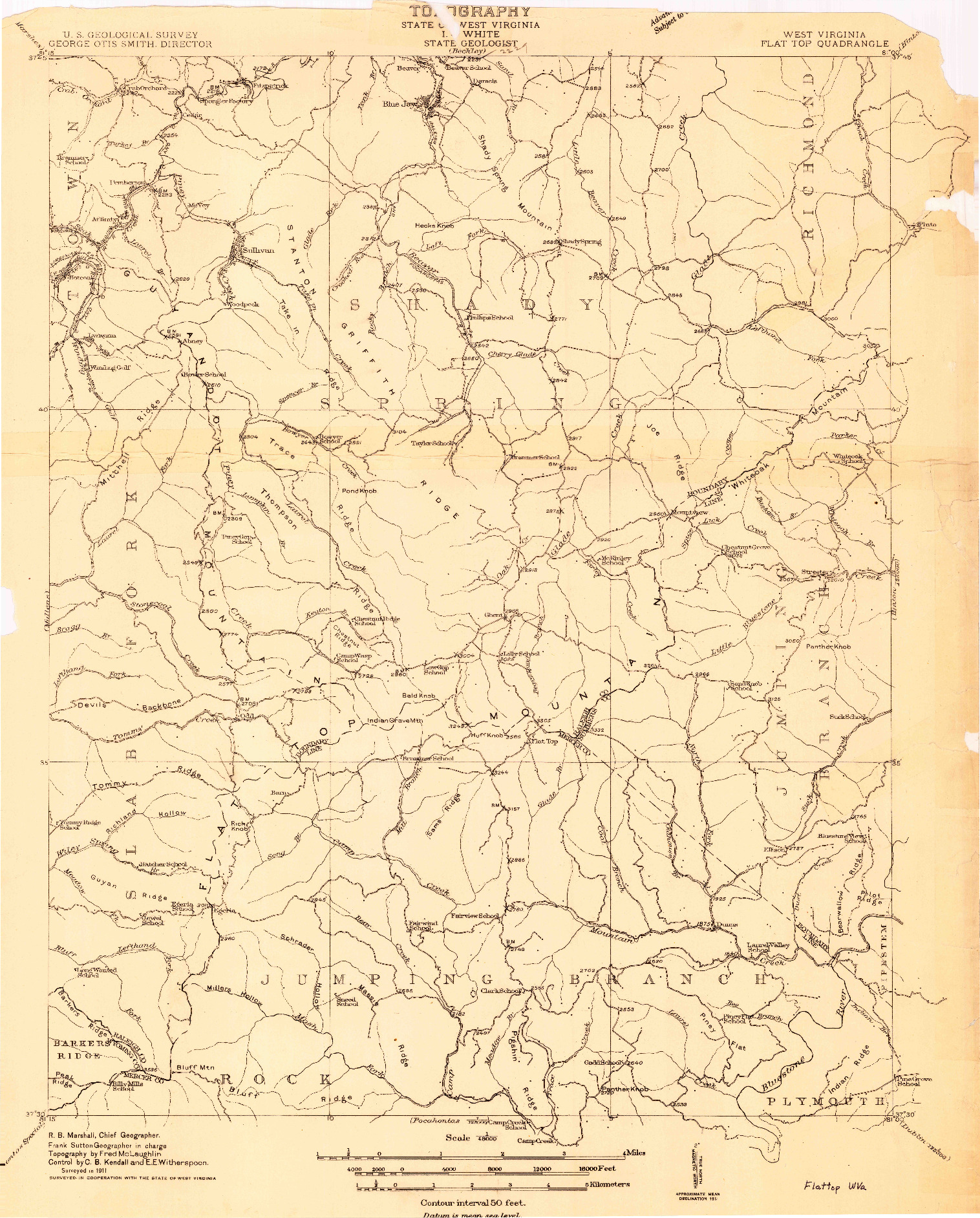 USGS 1:48000-SCALE QUADRANGLE FOR FLATTOP, WV 1911