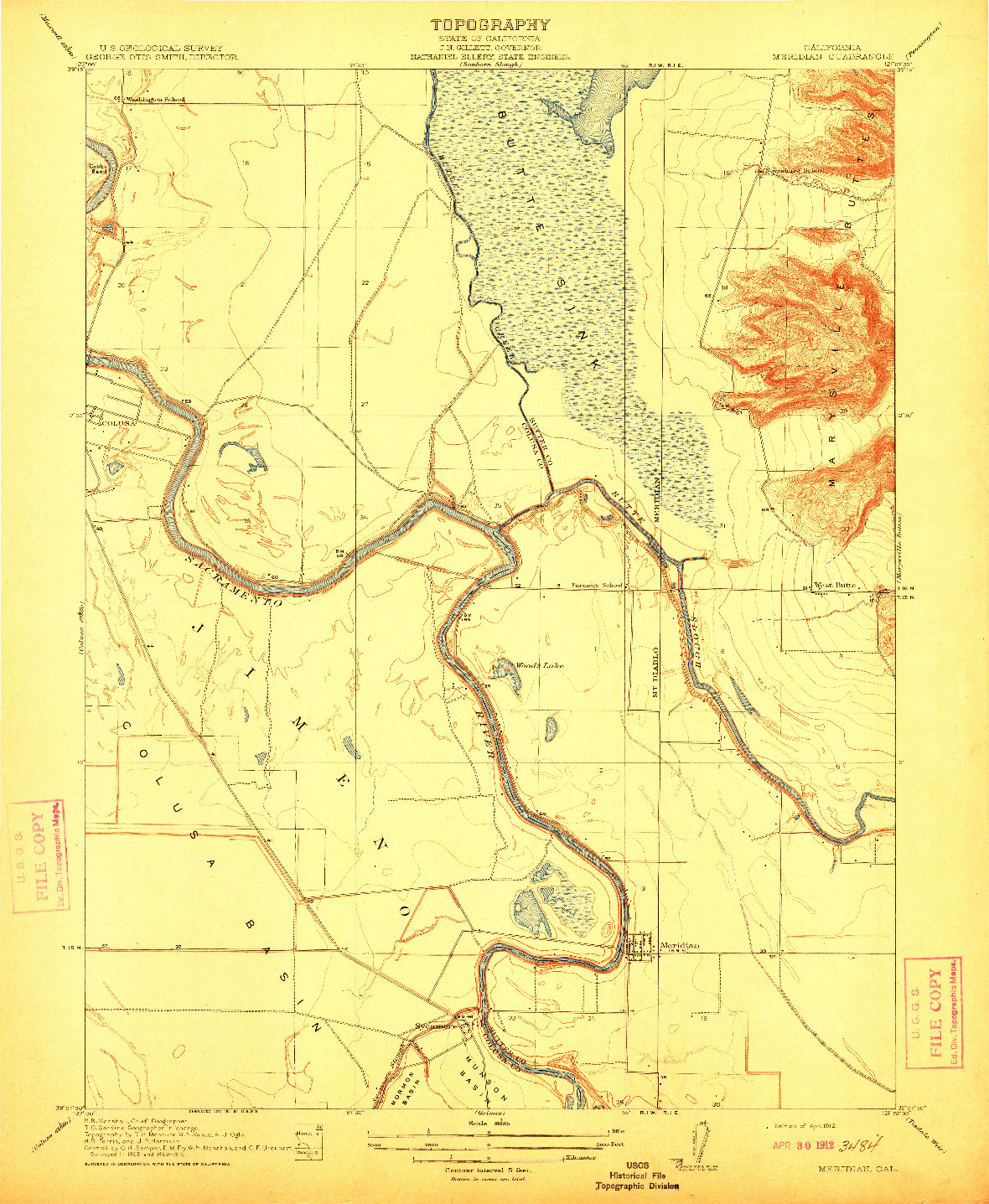 USGS 1:31680-SCALE QUADRANGLE FOR MERIDIAN, CA 1912