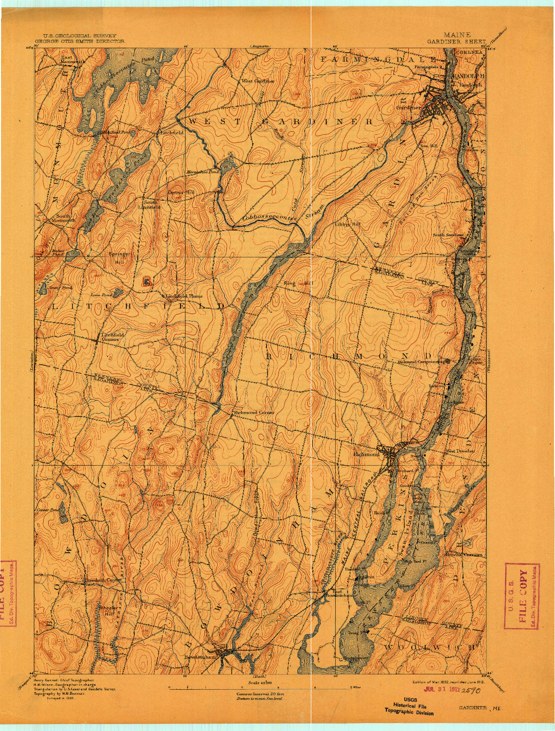 USGS 1:62500-SCALE QUADRANGLE FOR GARDINER, ME 1892