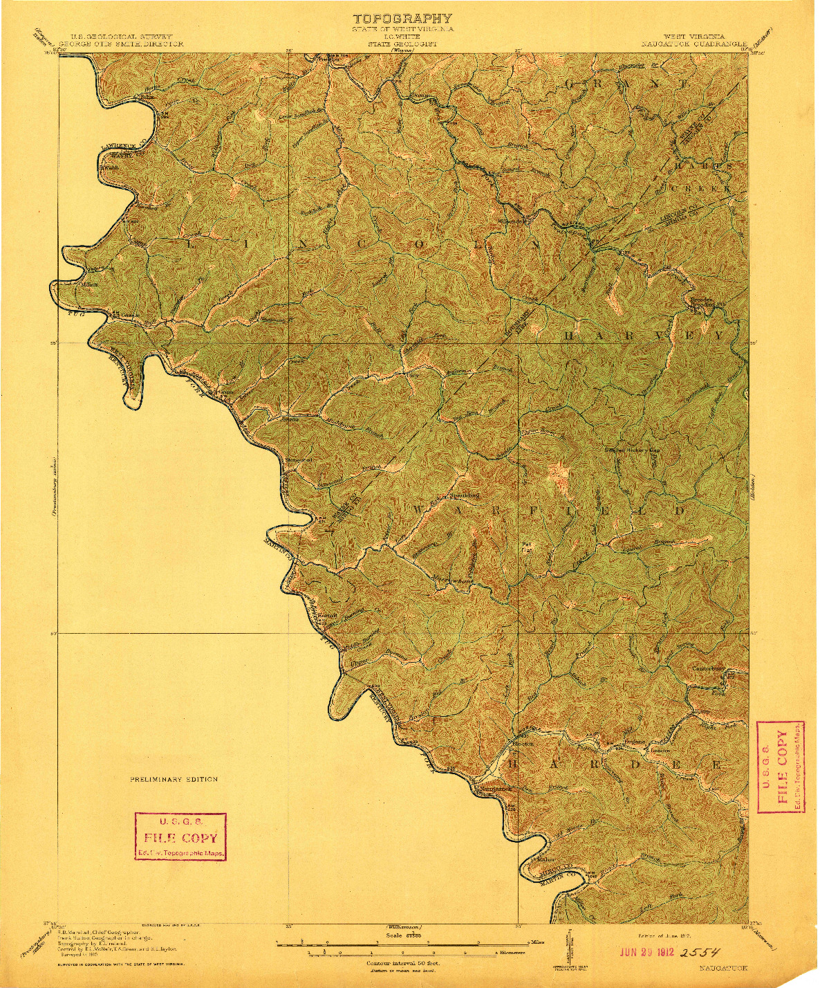 USGS 1:62500-SCALE QUADRANGLE FOR NAUGATUCK, WV 1912