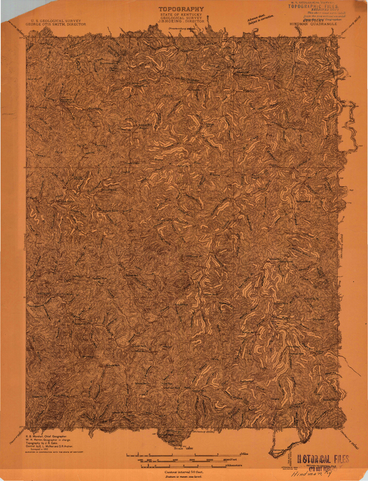 USGS 1:48000-SCALE QUADRANGLE FOR HINDMAN, KY 1912