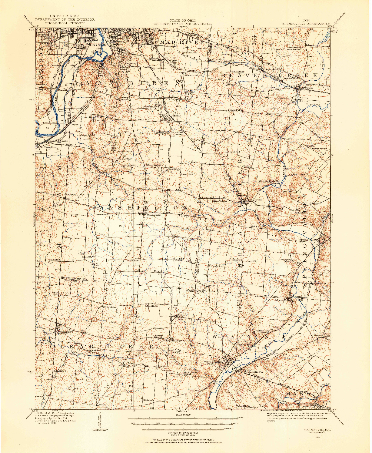 USGS 1:62500-SCALE QUADRANGLE FOR WAYNESVILLE, OH 1913