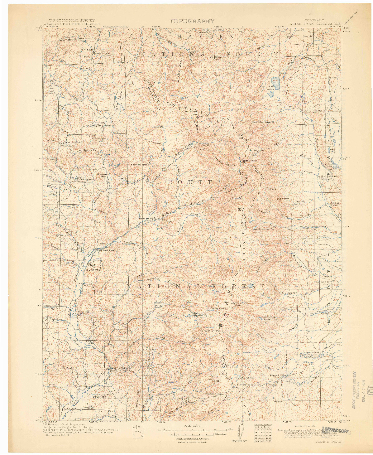 USGS 1:125000-SCALE QUADRANGLE FOR HAHNS PEAK, CO 1913
