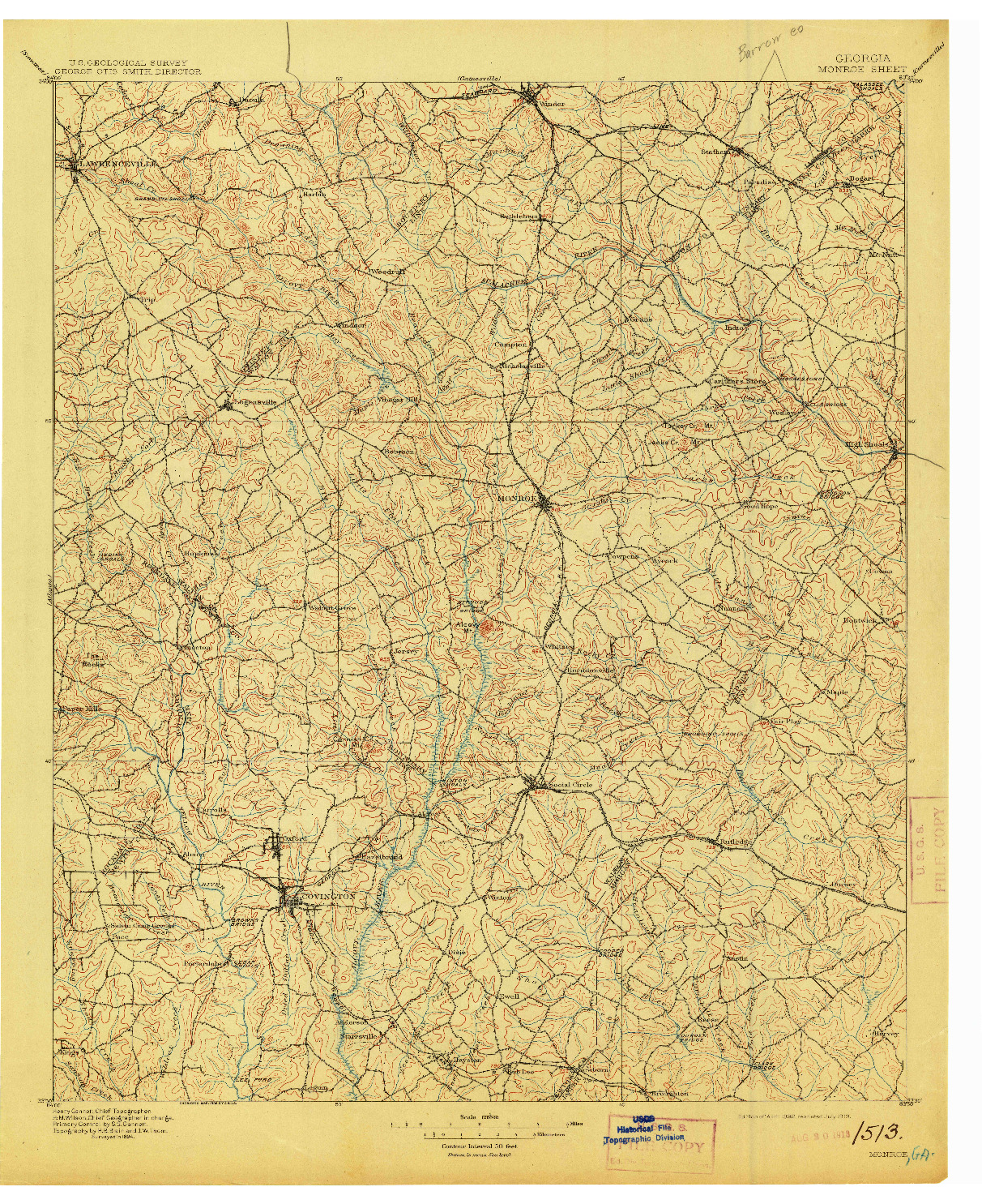 USGS 1:125000-SCALE QUADRANGLE FOR MONROE, GA 1896