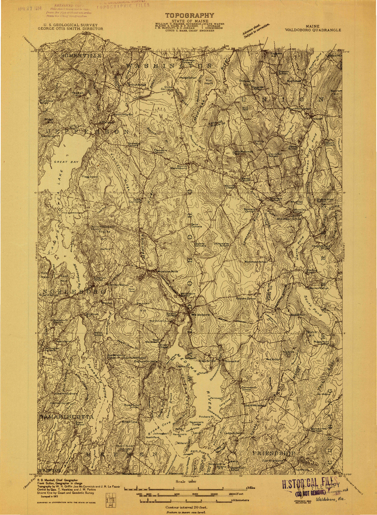 USGS 1:48000-SCALE QUADRANGLE FOR WALDOBORO, ME 1913