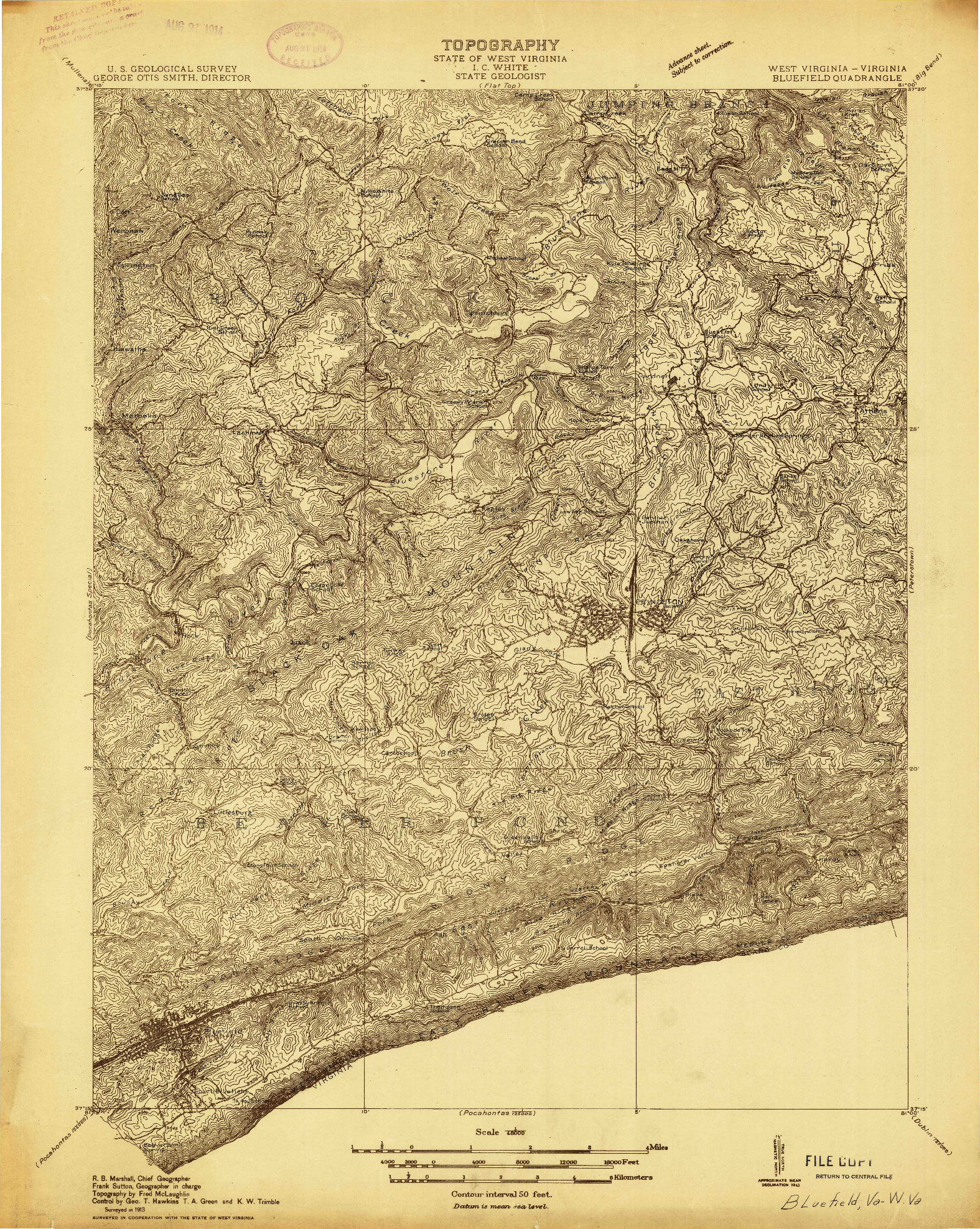 USGS 1:48000-SCALE QUADRANGLE FOR BLUEFIELD, WV 1913
